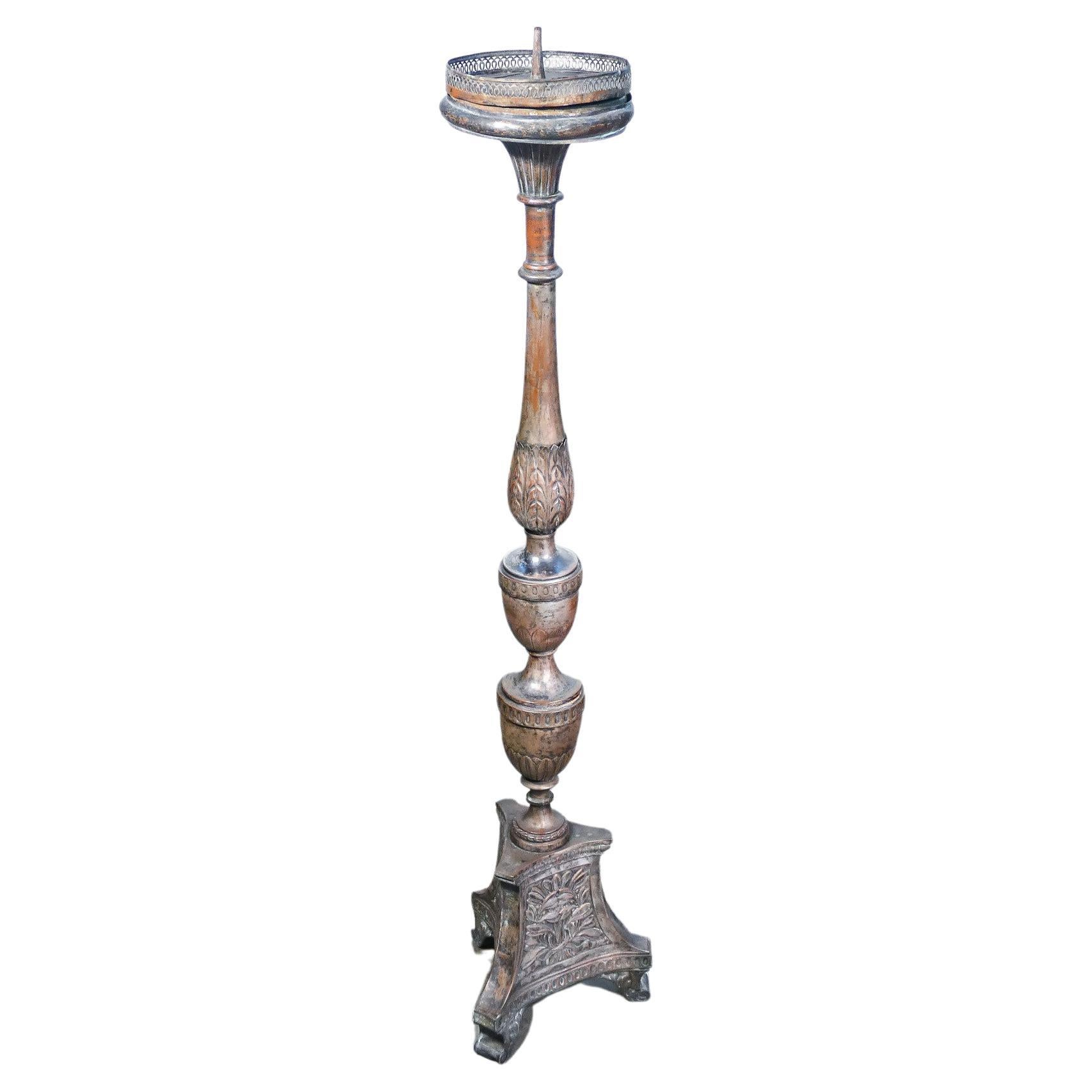 Candlestick in Silvered Copper, Embossed Decoration, Italy, 18th Century For Sale