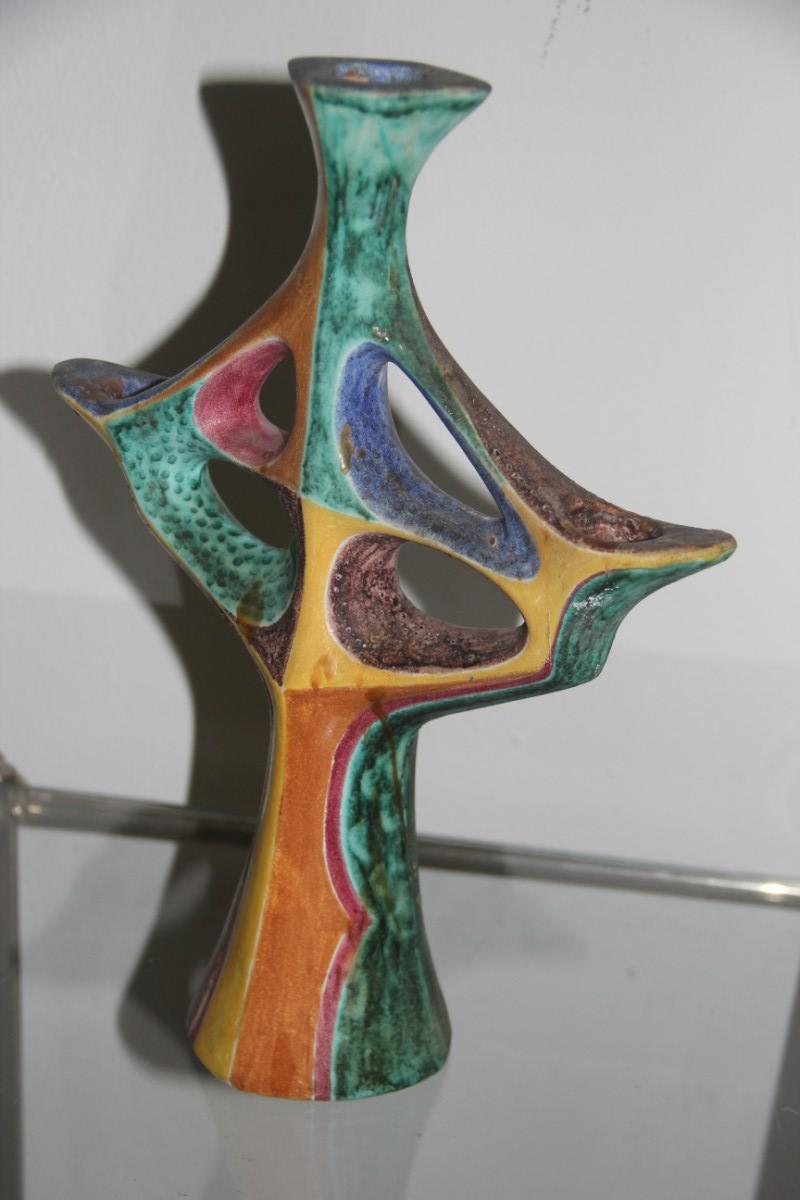 Candlestick Mid-Century Modern Italian ceramic design minimal and sculptural multi-color, 1957.
Signed IGOR Santo Stefano di Camastra (Sicily).