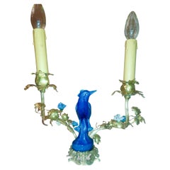 Candlestick Mounted as a Lamp, in Gilt Bronze, Porcelain Bird, Porcelain Flowers