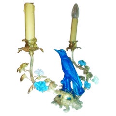 Candlestick Mounted as a Lamp, in Gilt Bronze, Porcelain Bird, Porcelain Flowers