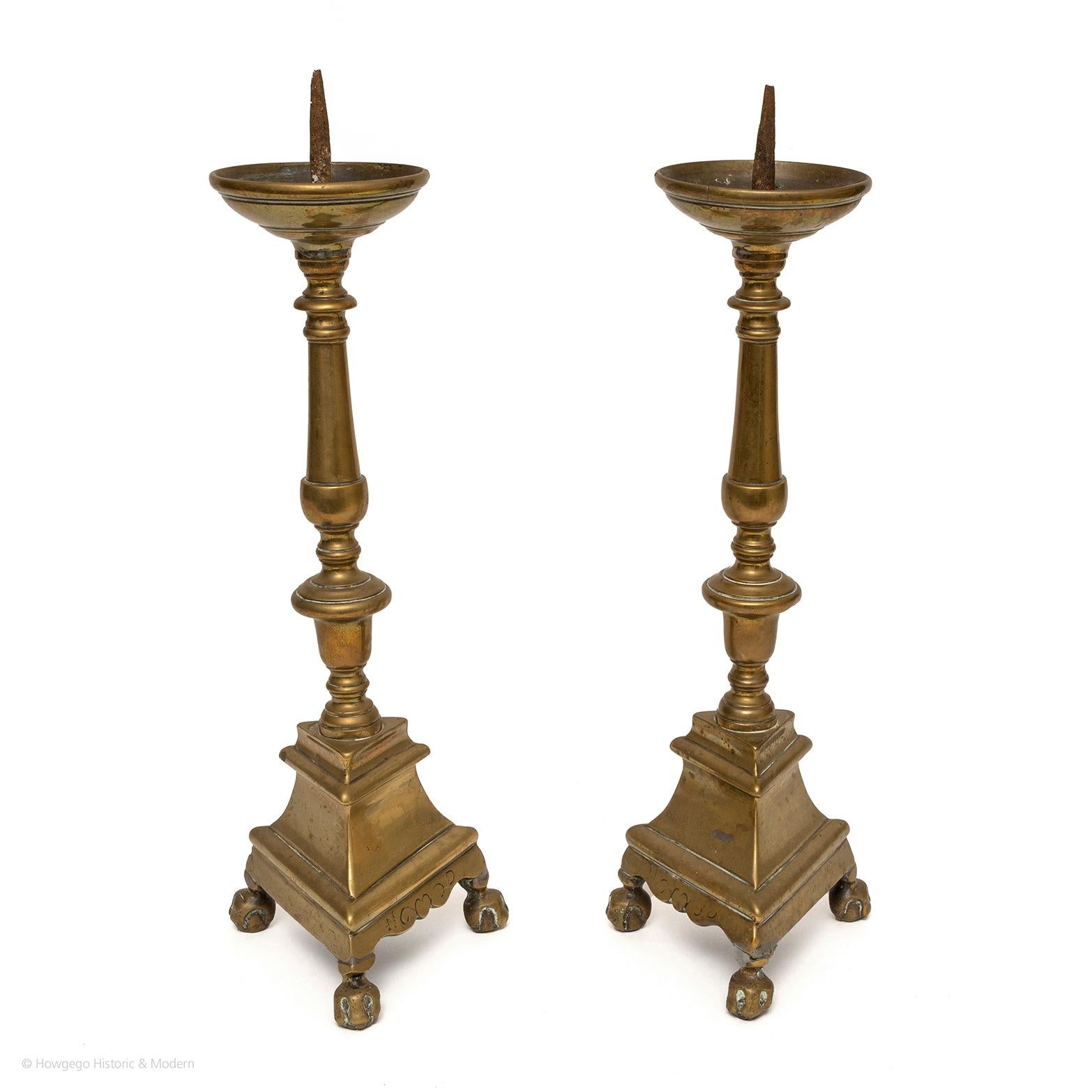 FINE PAIR OF LATE 17TH CENTURY, PERSONALISED, FLEMISH, BRASS CANDLESTICKS WITH PRICKETS, POSSIBLY A LOVE TOKEN AS INSCRIBED WITH A HEART MOTIF AND INITIALS 
- Personalised : The bottom edge of one side is incised to form a heart & the initials N &