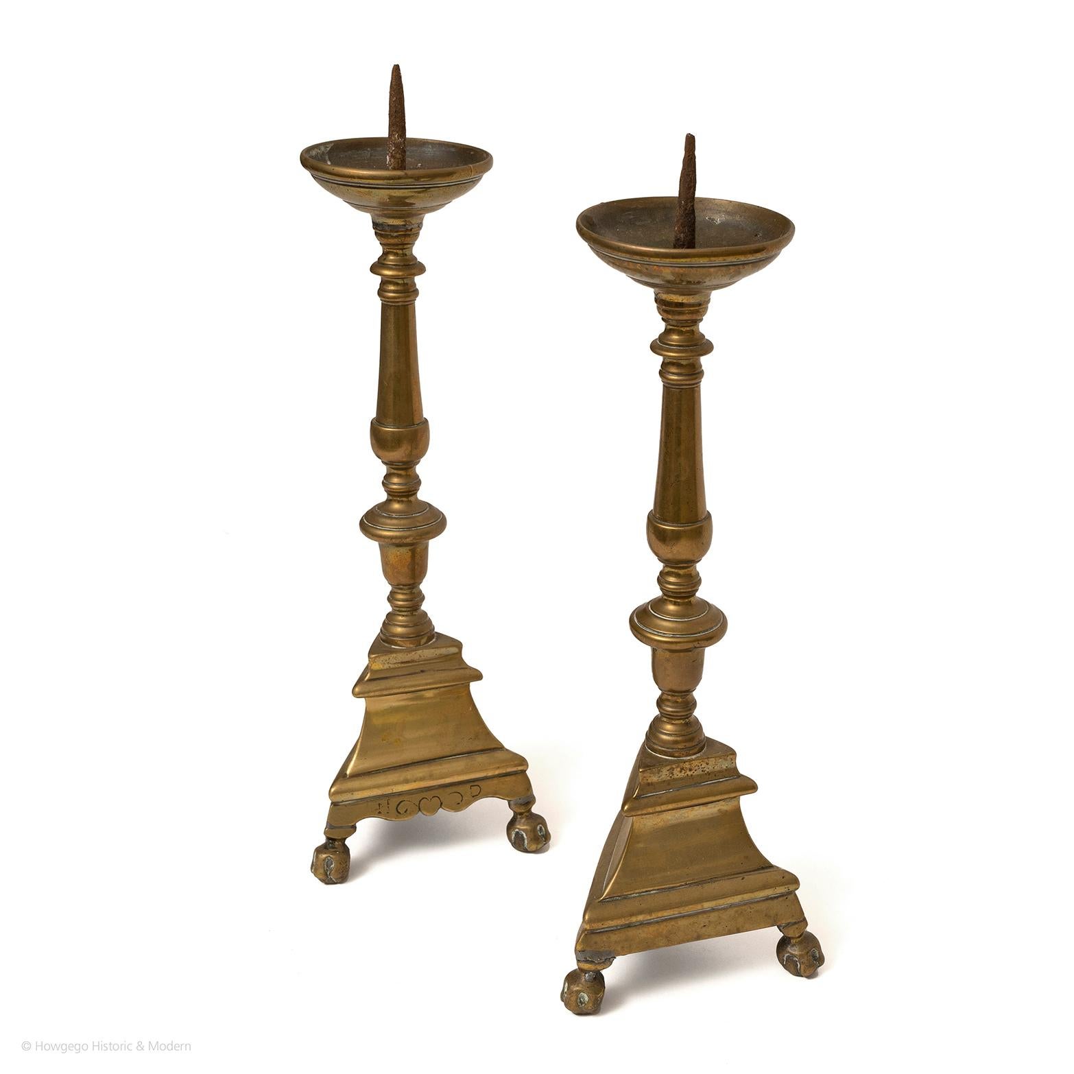 Belgian Candlestick Pair Brass Flemish Pricket Heart Initialled Love Token For Sale