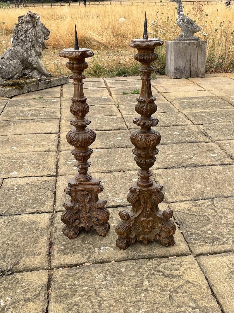 Candlestick Torchere Massive Pair Italian Baroque Beech Carved 40