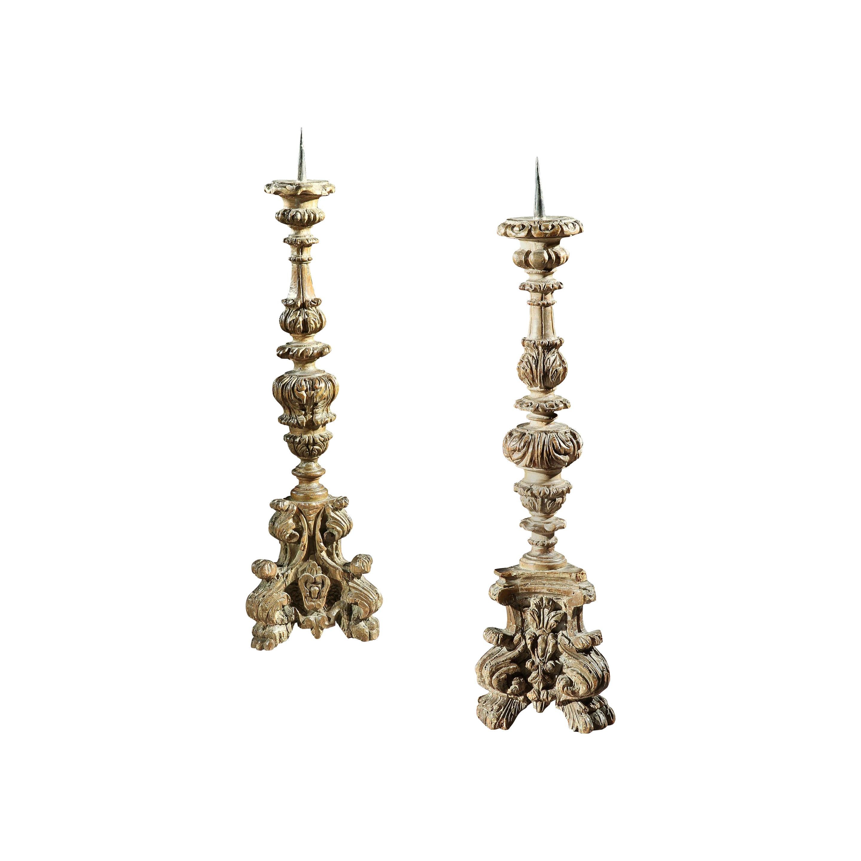 Candlestick, Pair, Italian, 19th Century, Baroque-Style, Beech, Carved