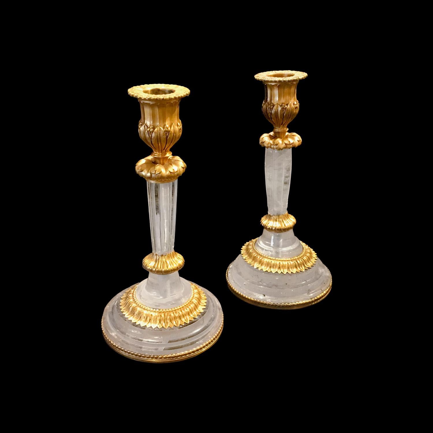 Louis XVI Candlestick Rock Crystal and Gilt Bronze the Pair, 18th Century Style For Sale