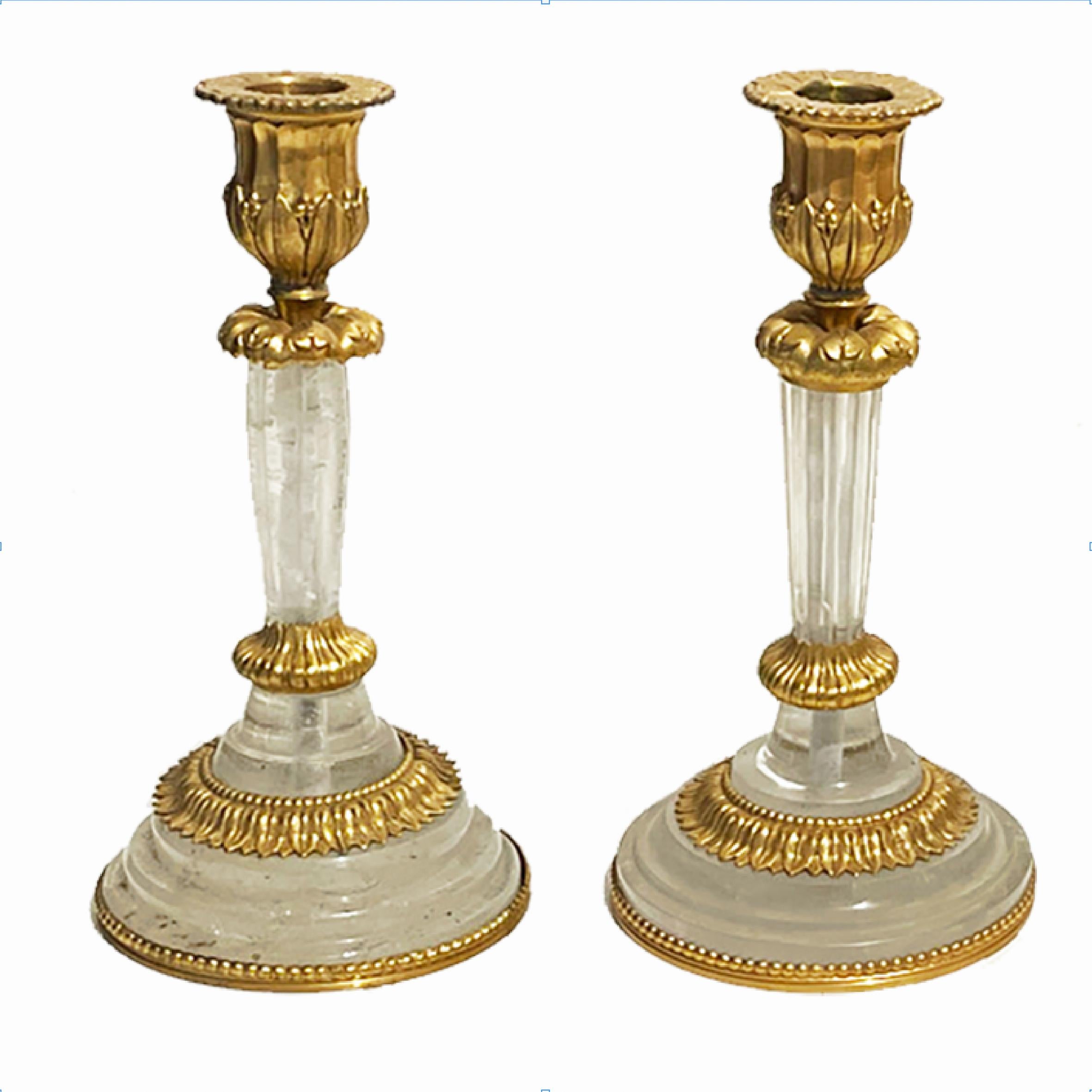Candlestick Rock Crystal and Gilt Bronze the Pair, 18th Century Style For Sale 1