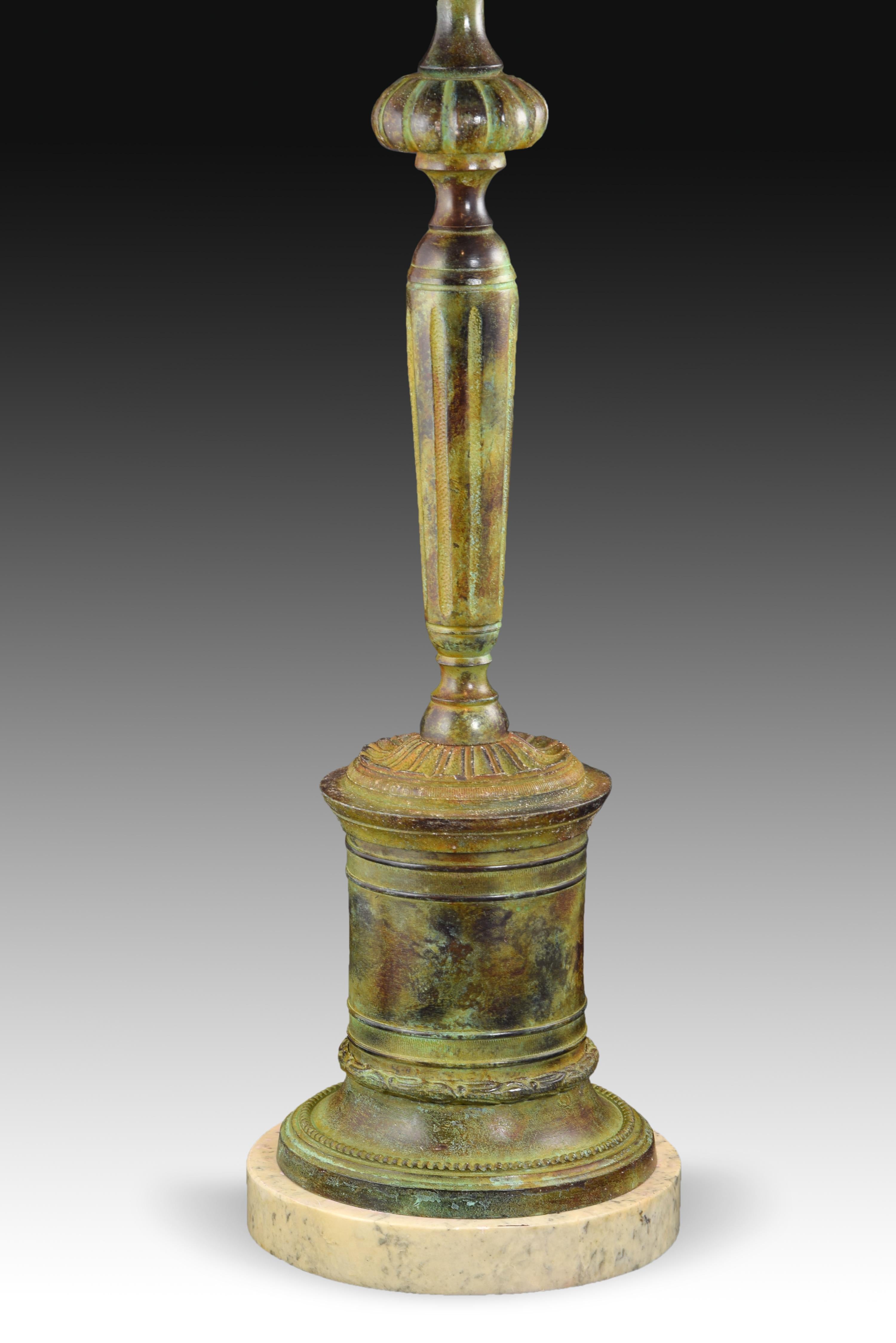 European Candlestick Shaped Lamp, Patinated Bronze, Marble Base