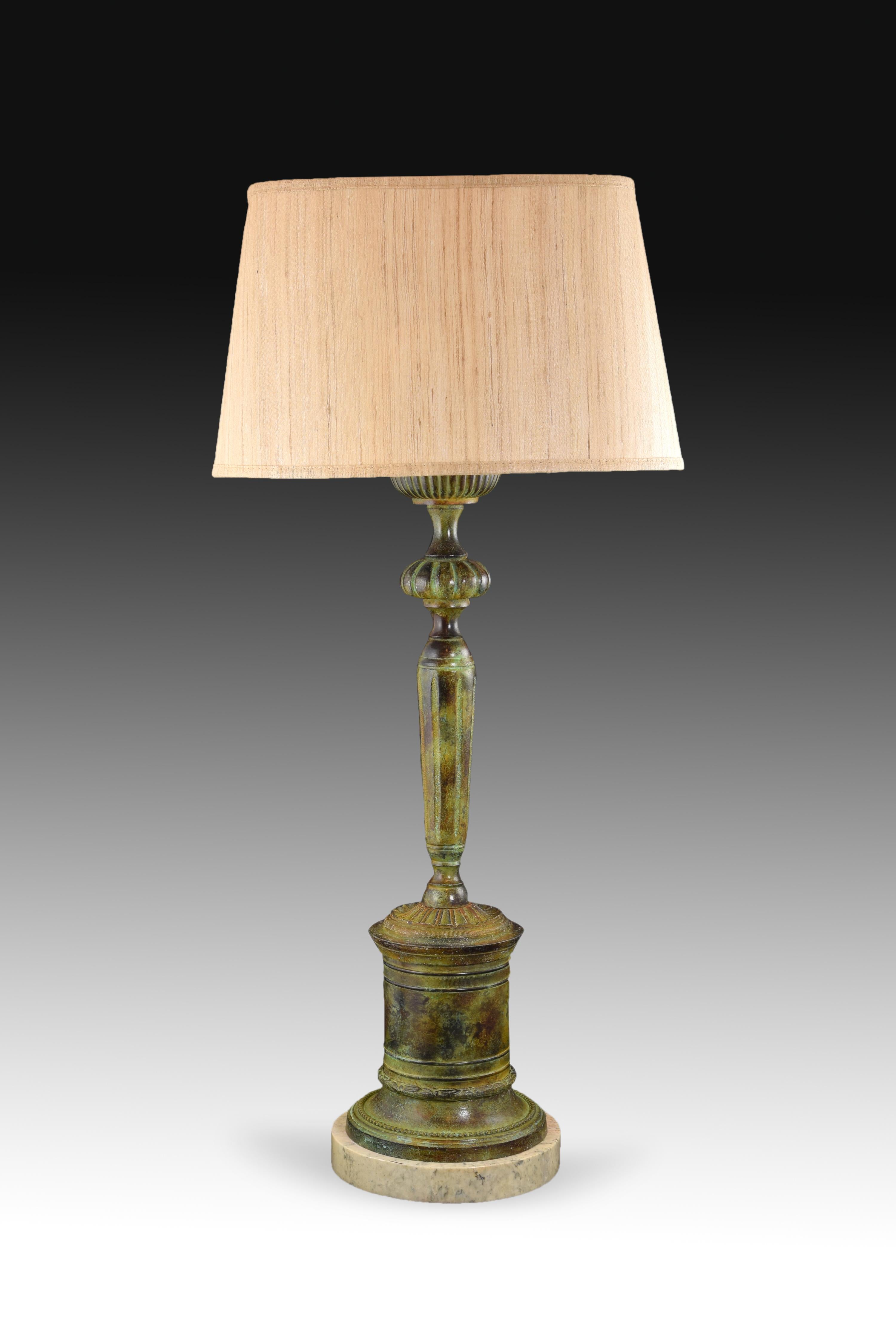 Other Candlestick Shaped Lamp, Patinated Bronze, Marble For Sale