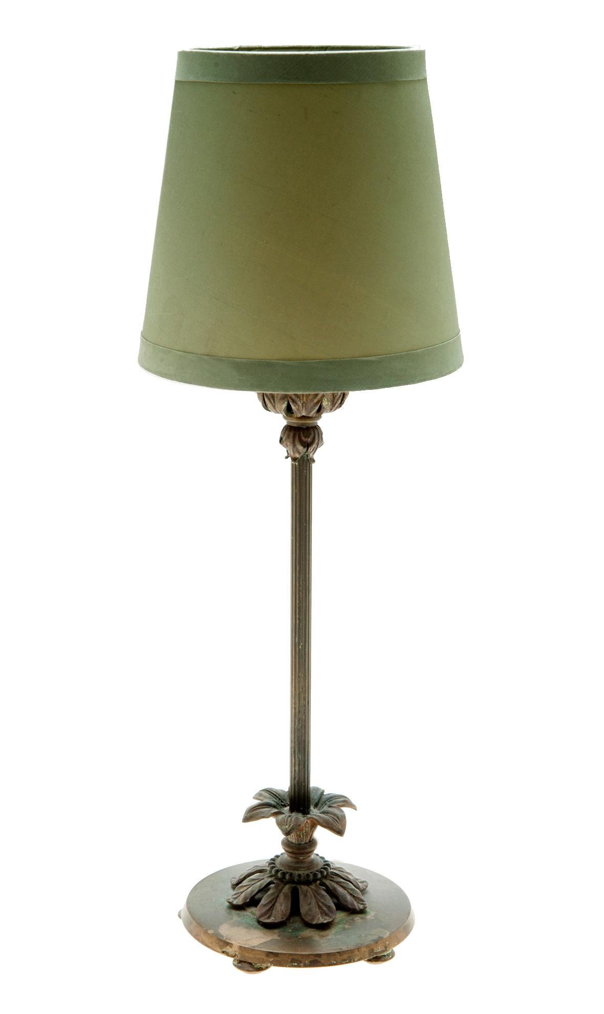 20th Century Candlestick Table Lamp with RH Green Silk Shade For Sale