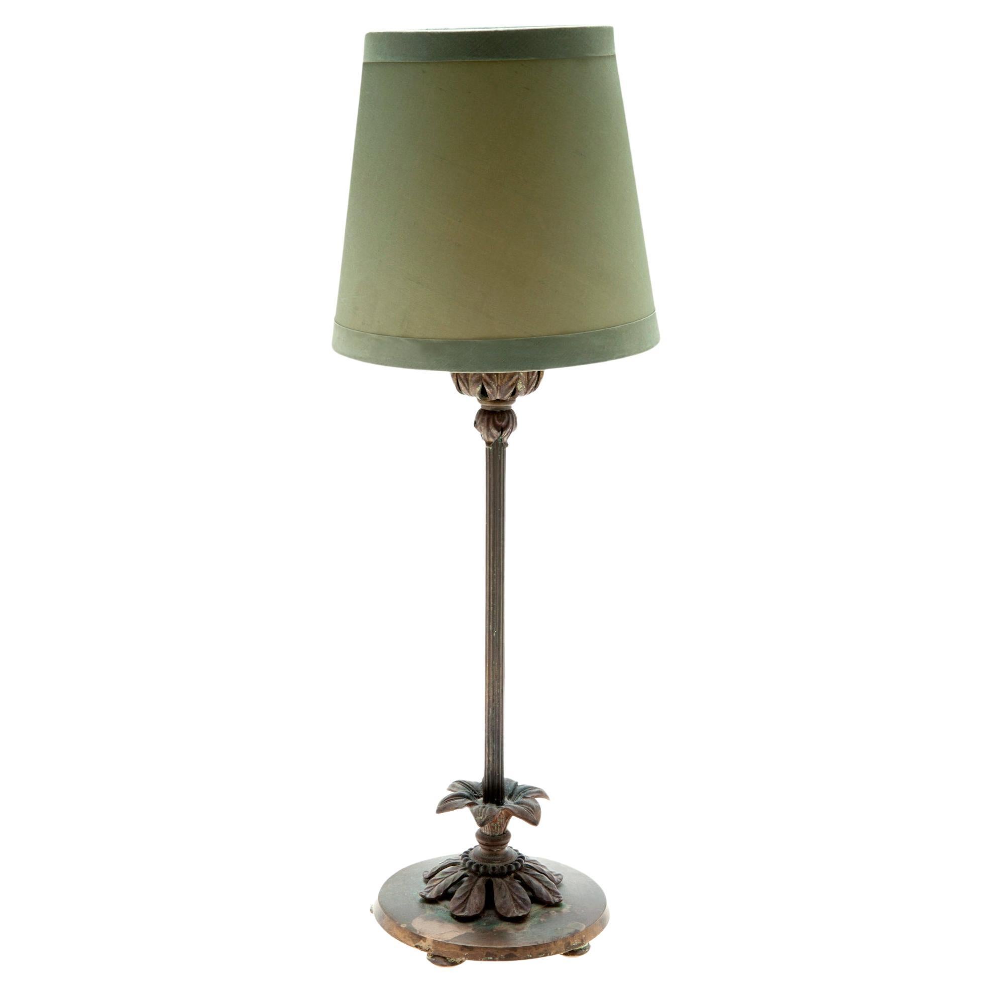 Candlestick Table Lamp with RH Green Silk Shade For Sale