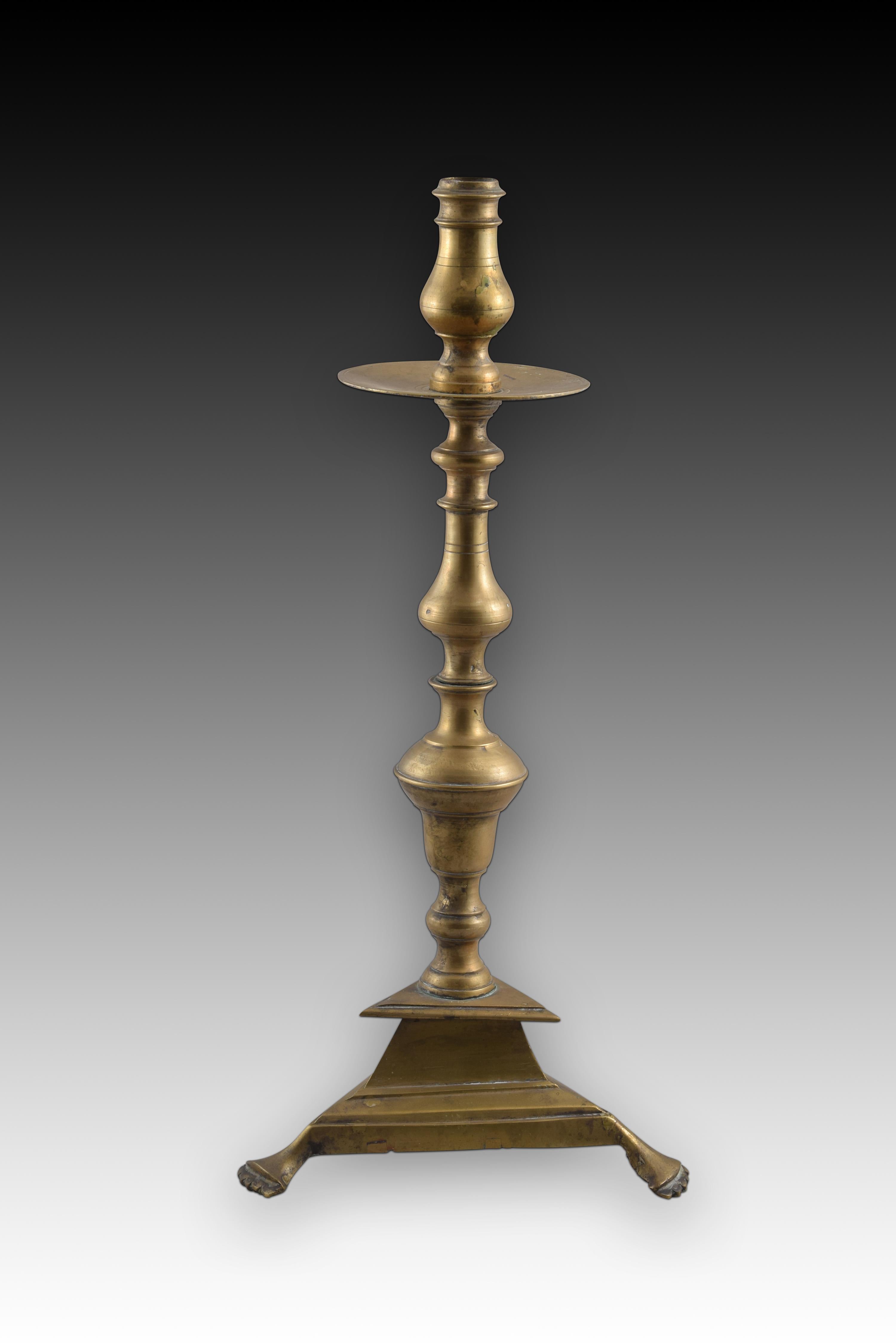 Baroque Candlestick with Triangular Base, Bronze, Spain, 18th Century For Sale