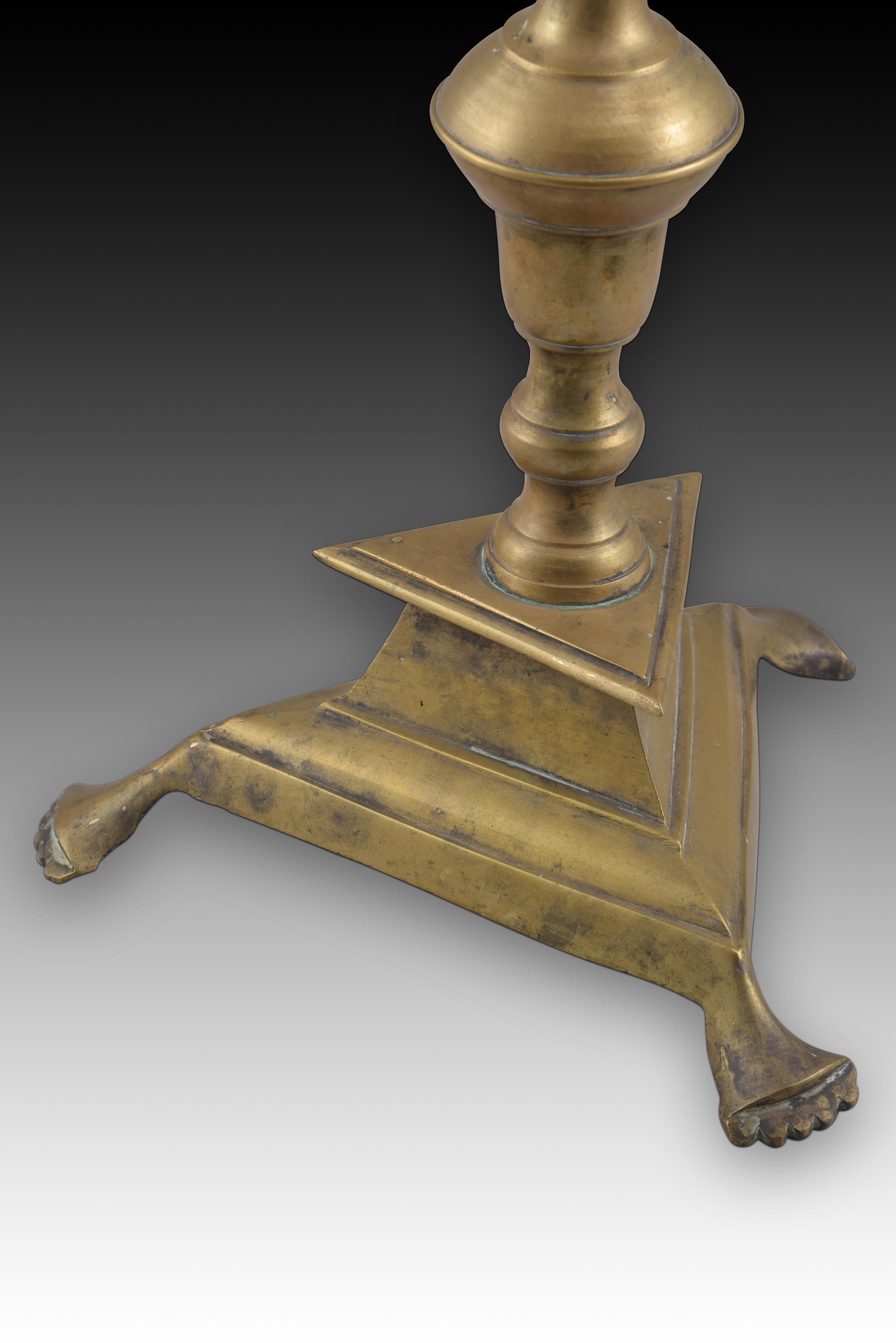 European Candlestick with Triangular Base, Bronze, Spain, 18th Century For Sale