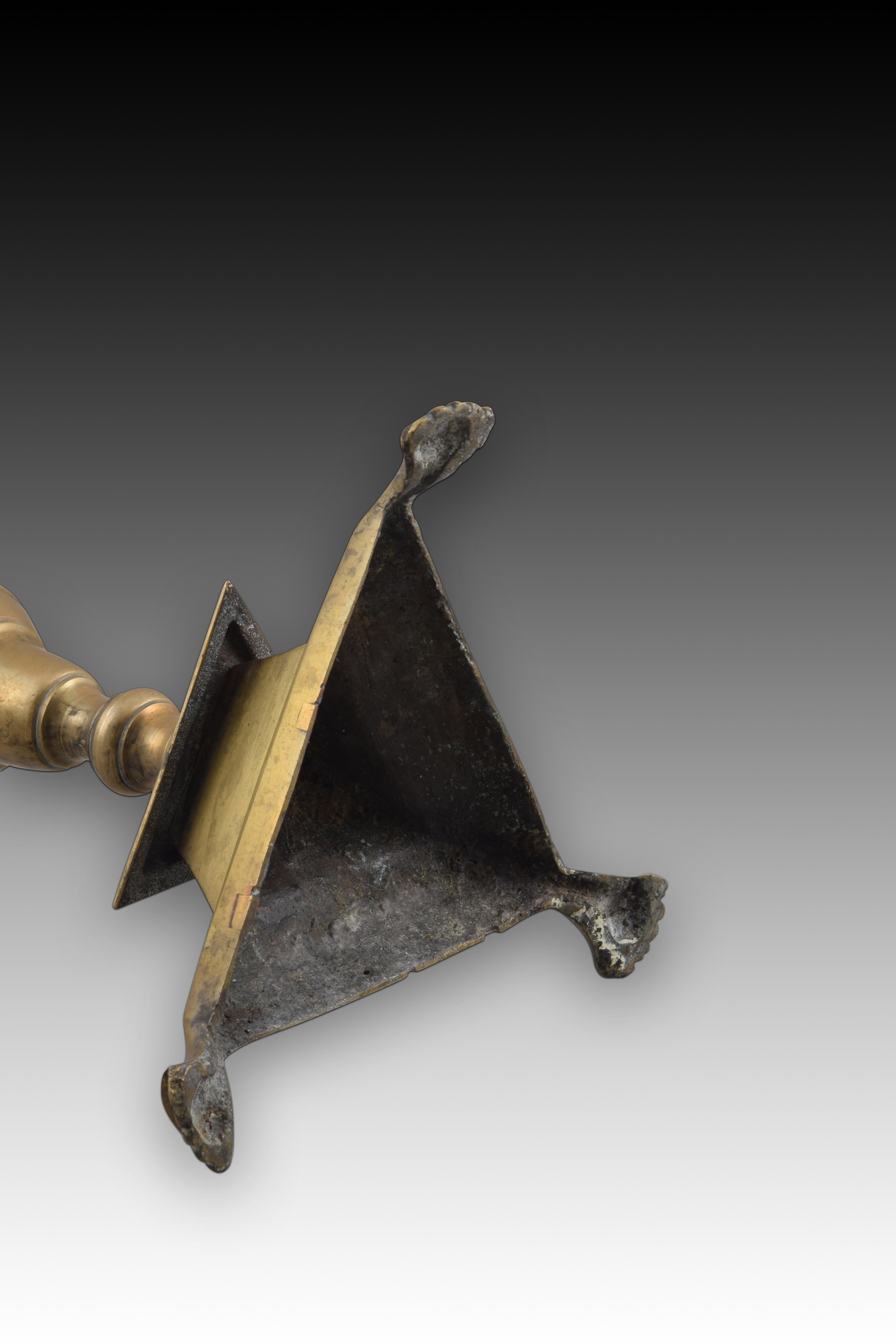 18th Century and Earlier Candlestick with Triangular Base, Bronze, Spain, 18th Century For Sale