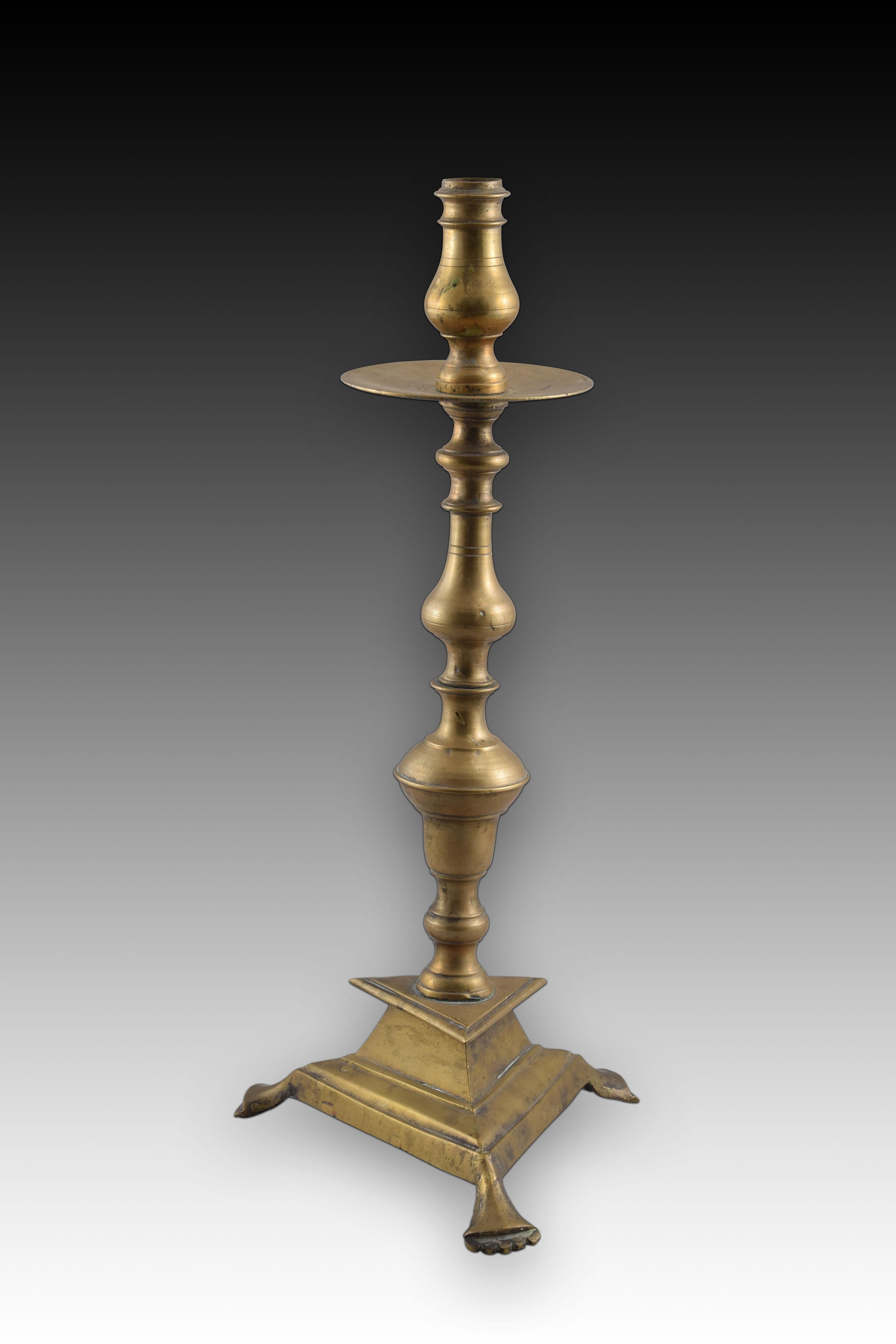 Candlestick with Triangular Base, Bronze, Spain, 18th Century For Sale 1