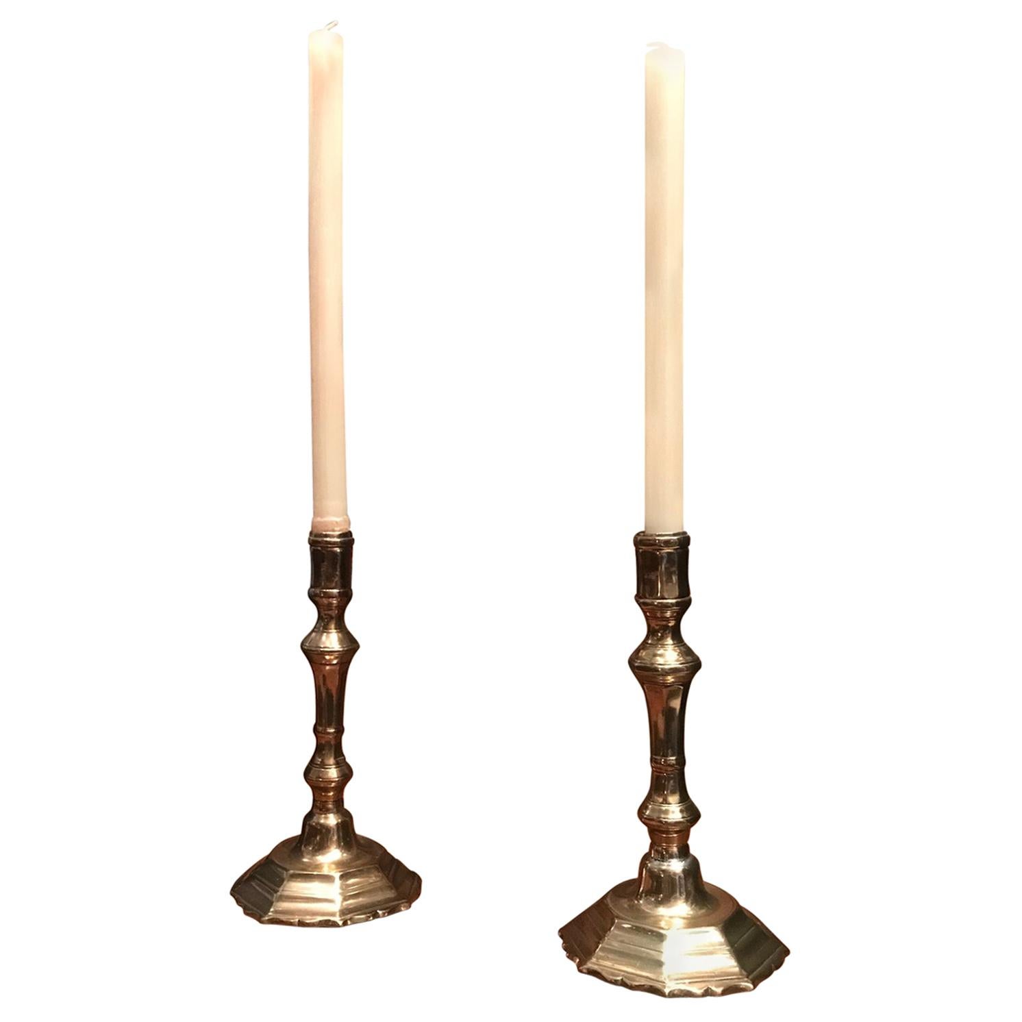Pair Antique Candlesticks Dining Table Candleholder Light  Brass Rustic Accent  For Sale