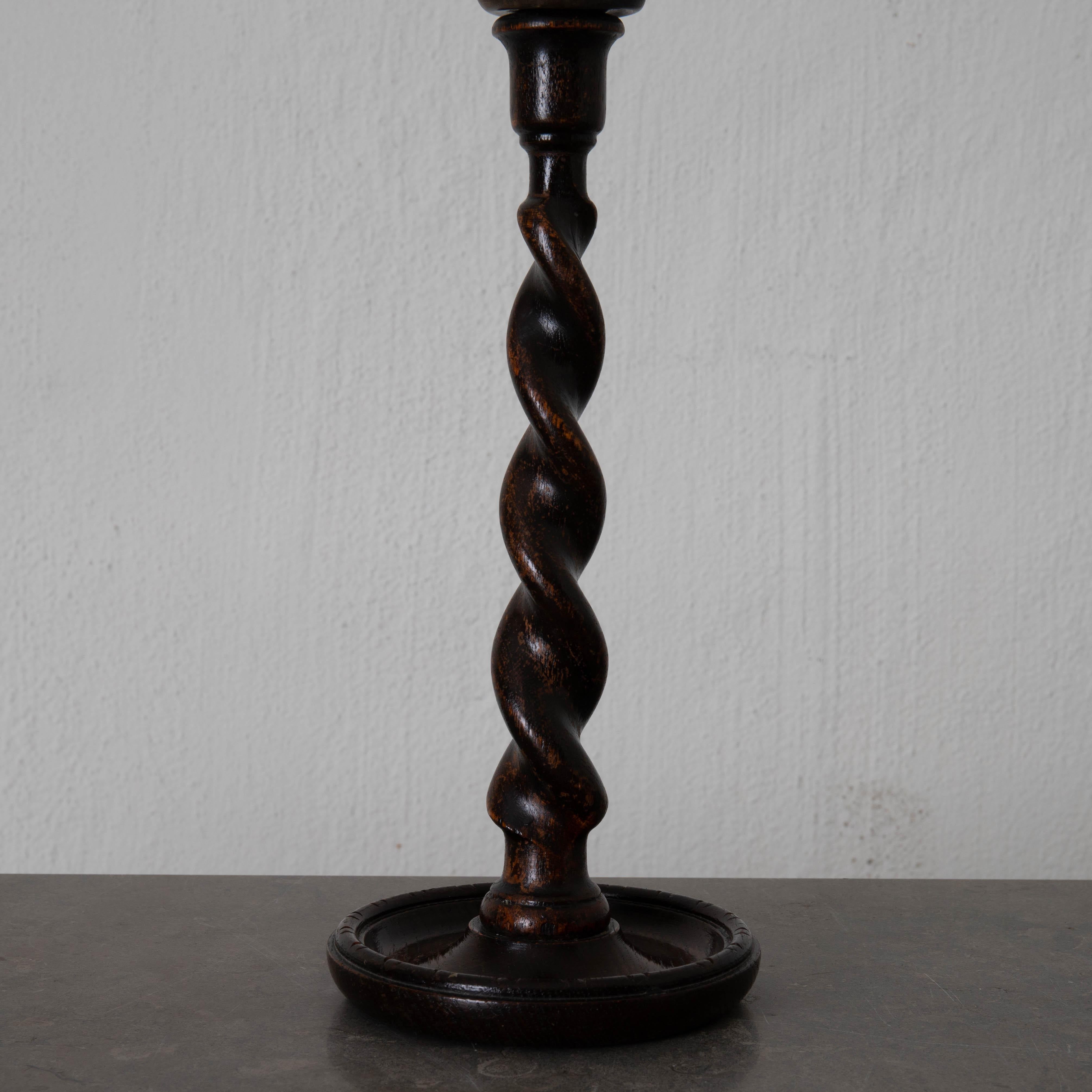 Swedish Candlesticks English Spiral Oak Brass Brown 19th Century England For Sale