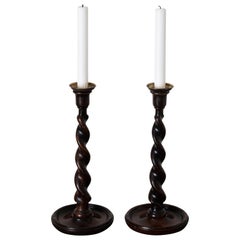 Candlesticks English Spiral Oak Brass Brown 19th Century England