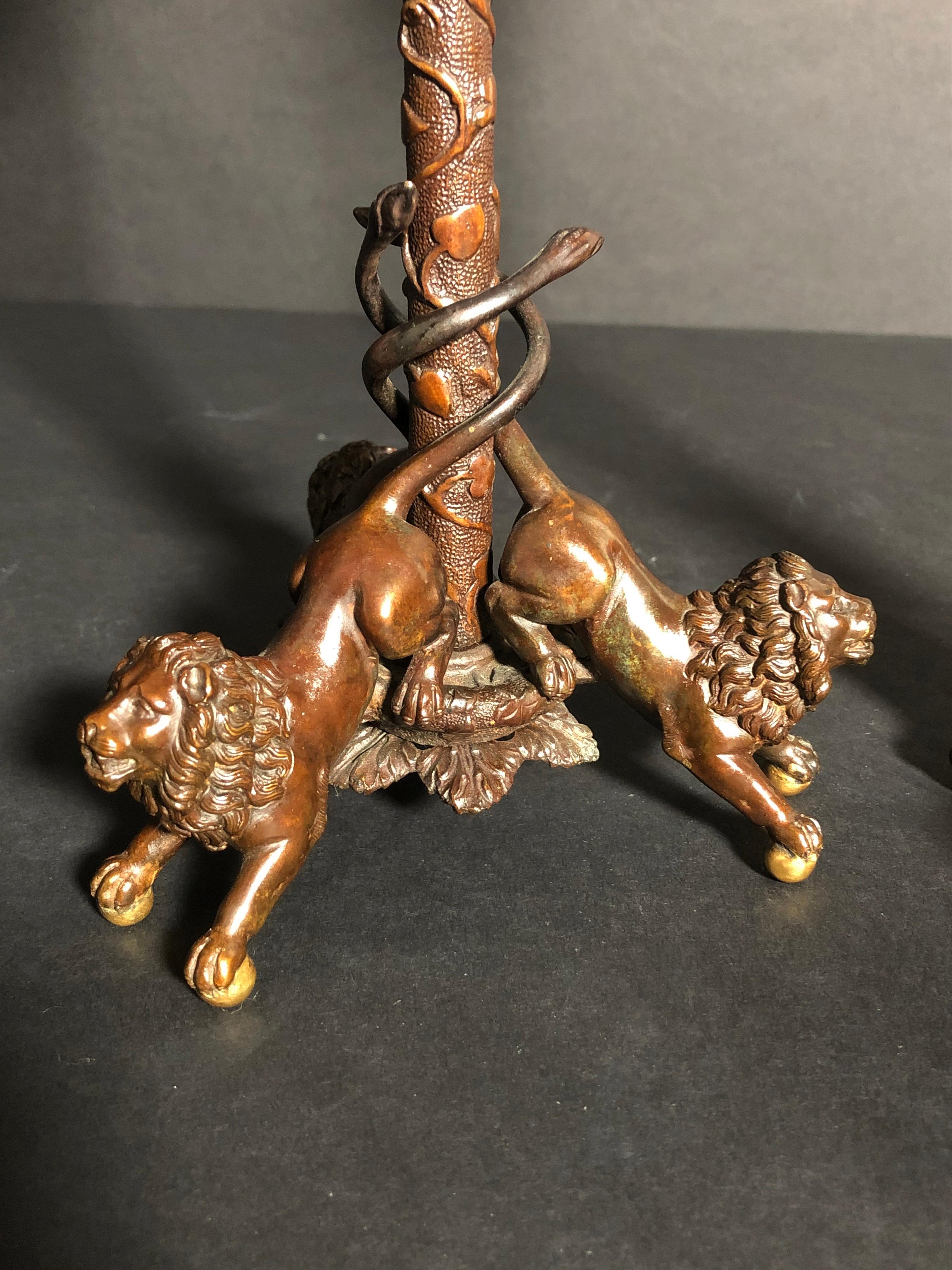Belle Époque A Pair of Gilt Bronze Lion Figural Candlesticks For Sale