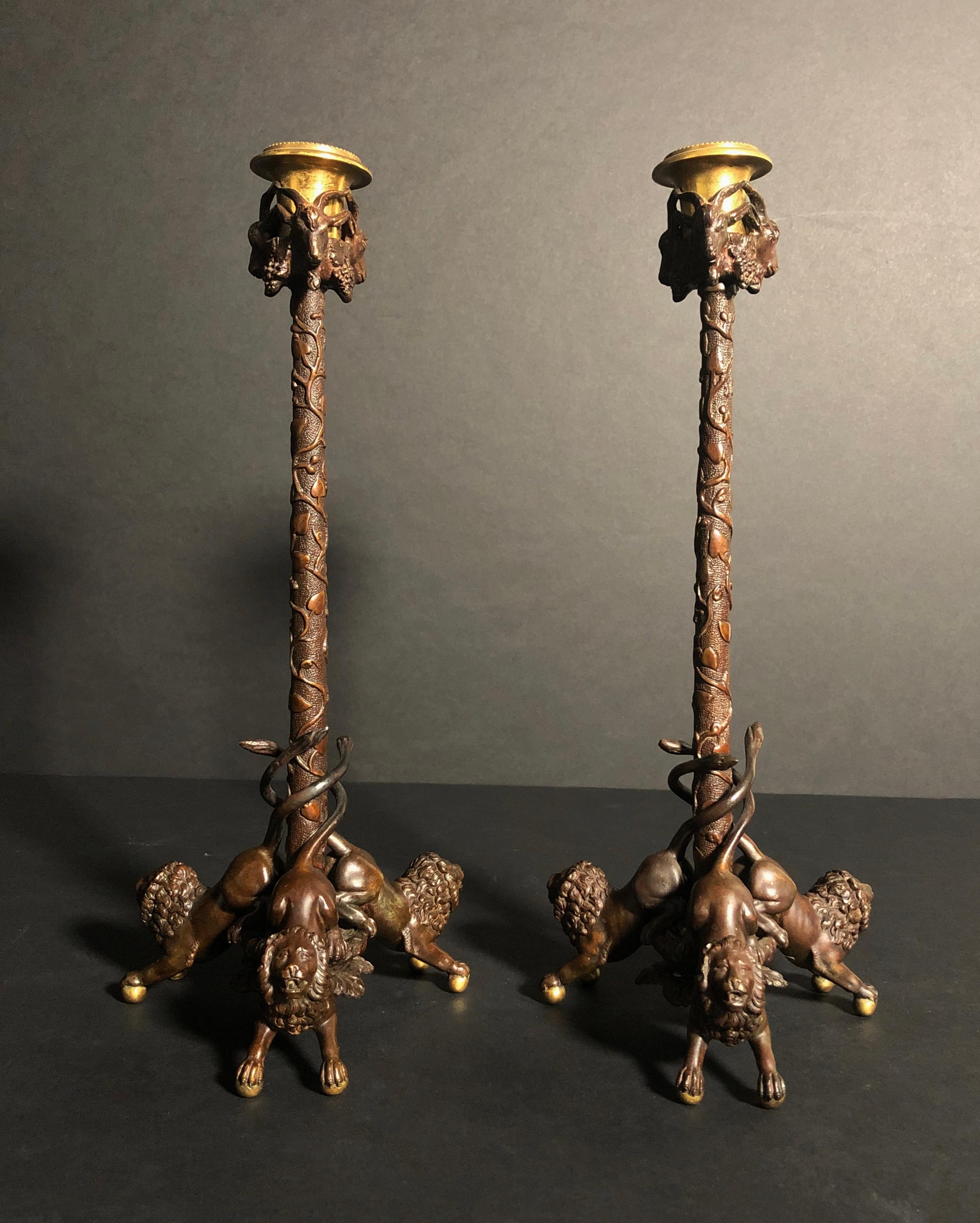 A Pair of Gilt Bronze Lion Figural Candlesticks For Sale 1