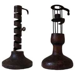 Early 19th Century Primitive Iron and Wood Candlesticks