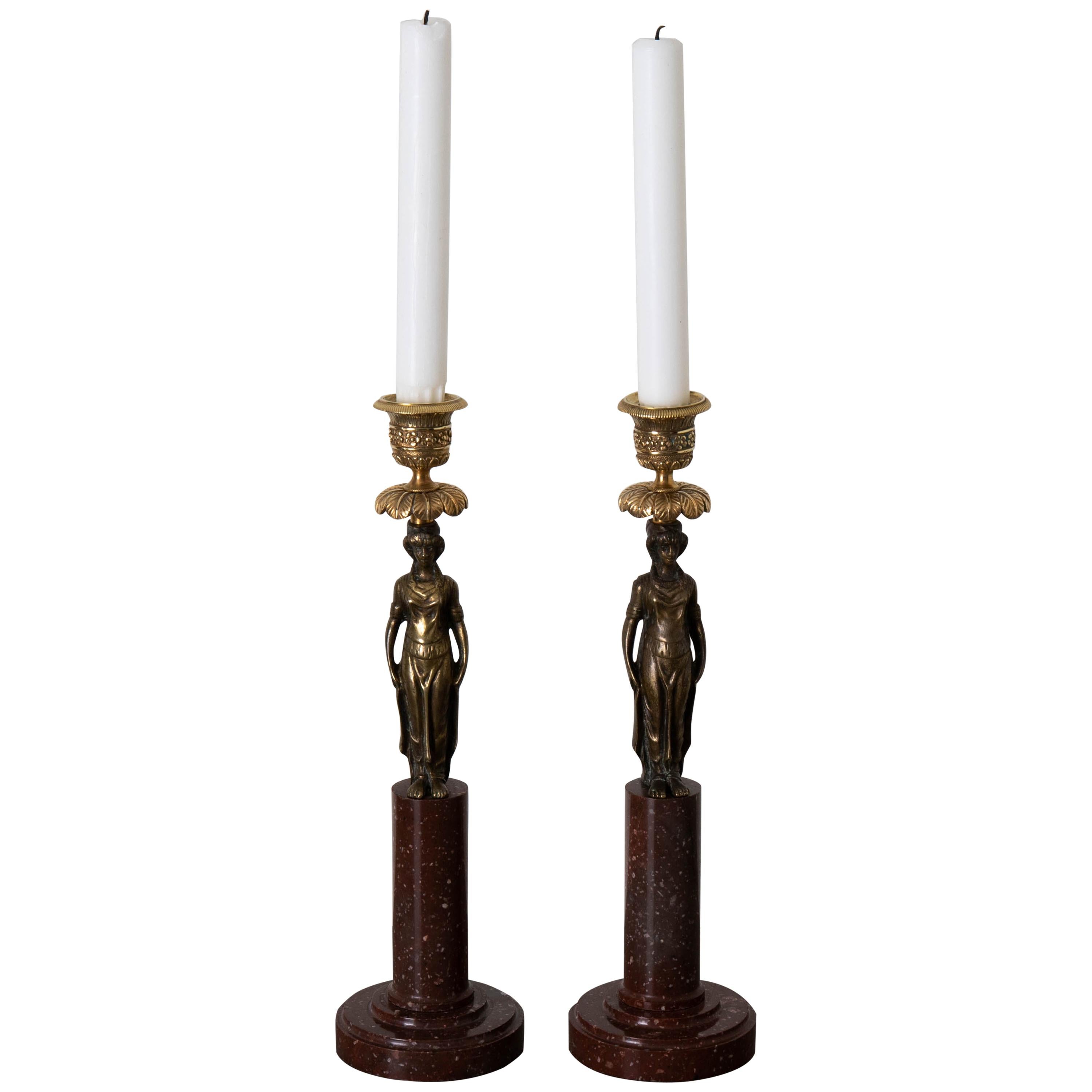 Candlesticks Gustavian Pair Swedish 18th Century Red Marble Dark Bronze Sweden For Sale