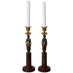 Antique Candlesticks Gustavian Pair Swedish 18th Century Red Marble Dark Bronze Sweden