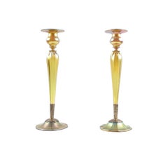 Candlesticks Iniridescent Glass Signed Tiffany