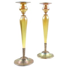 Candlesticks Iniridescent Glass Signed Tiffany