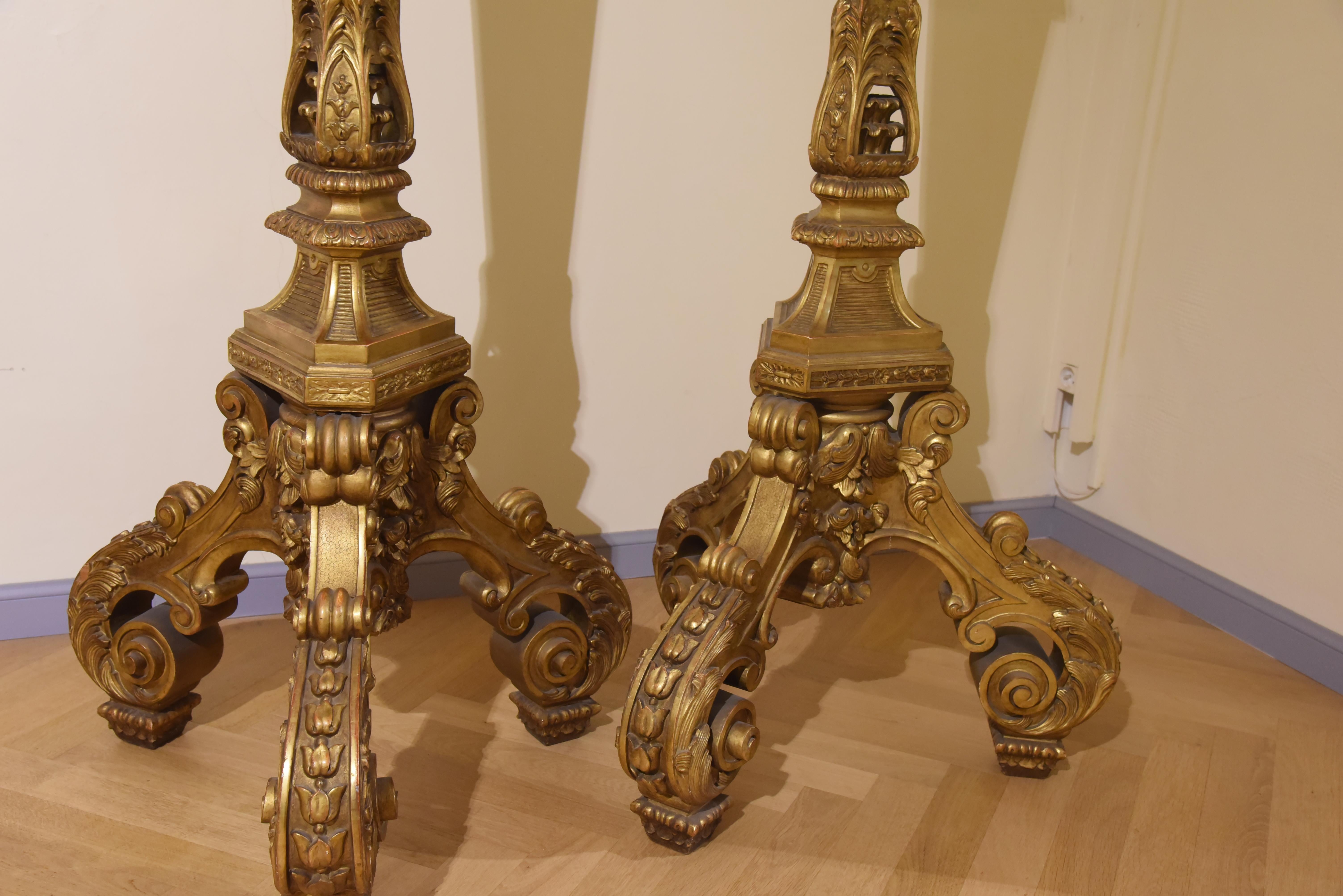 Gilt 19th Century Candlesticks Napoleon III  Sculpted, Gold Leaf Gilding, late 1800s For Sale