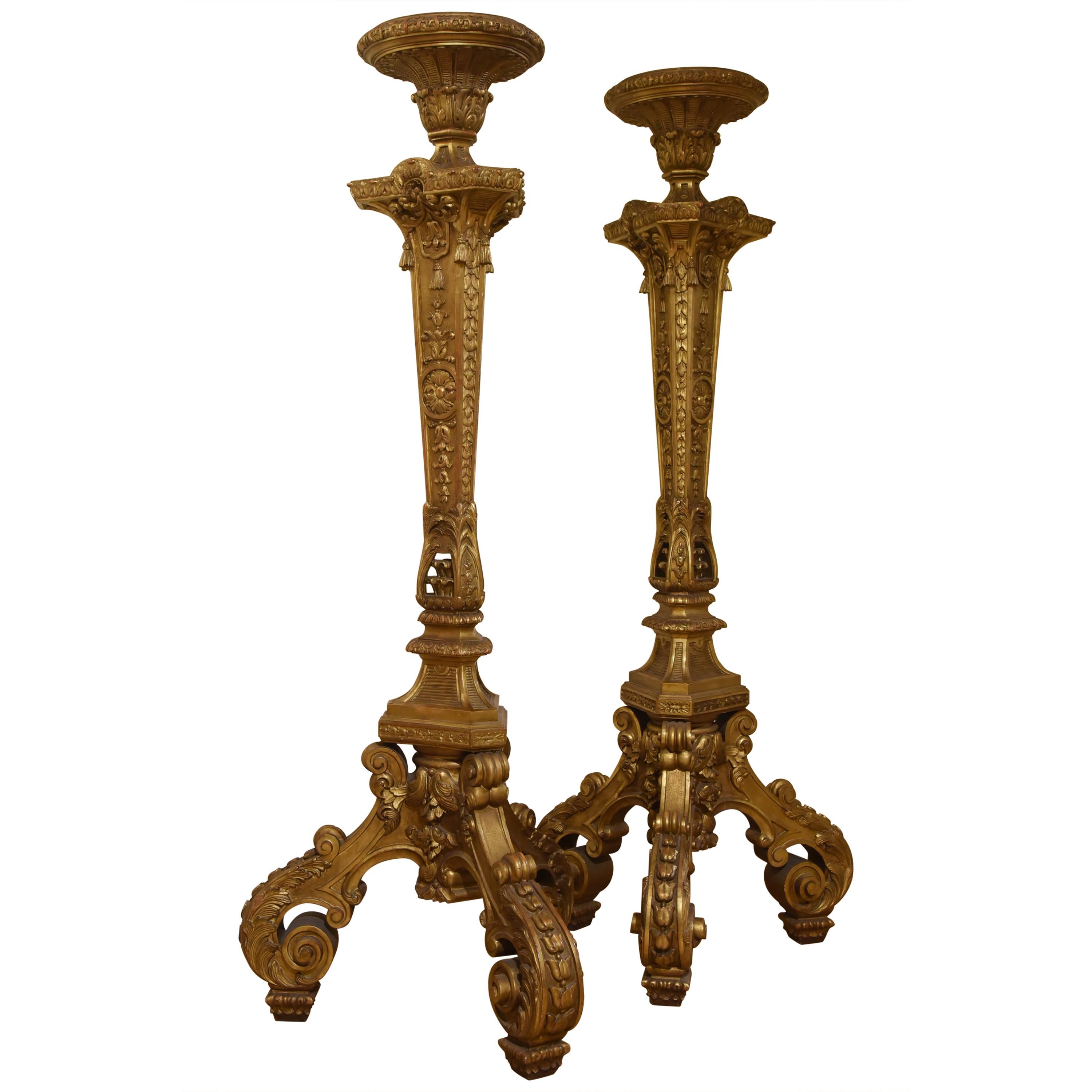 19th Century Candlesticks Napoleon III  Sculpted, Gold Leaf Gilding, late 1800s For Sale
