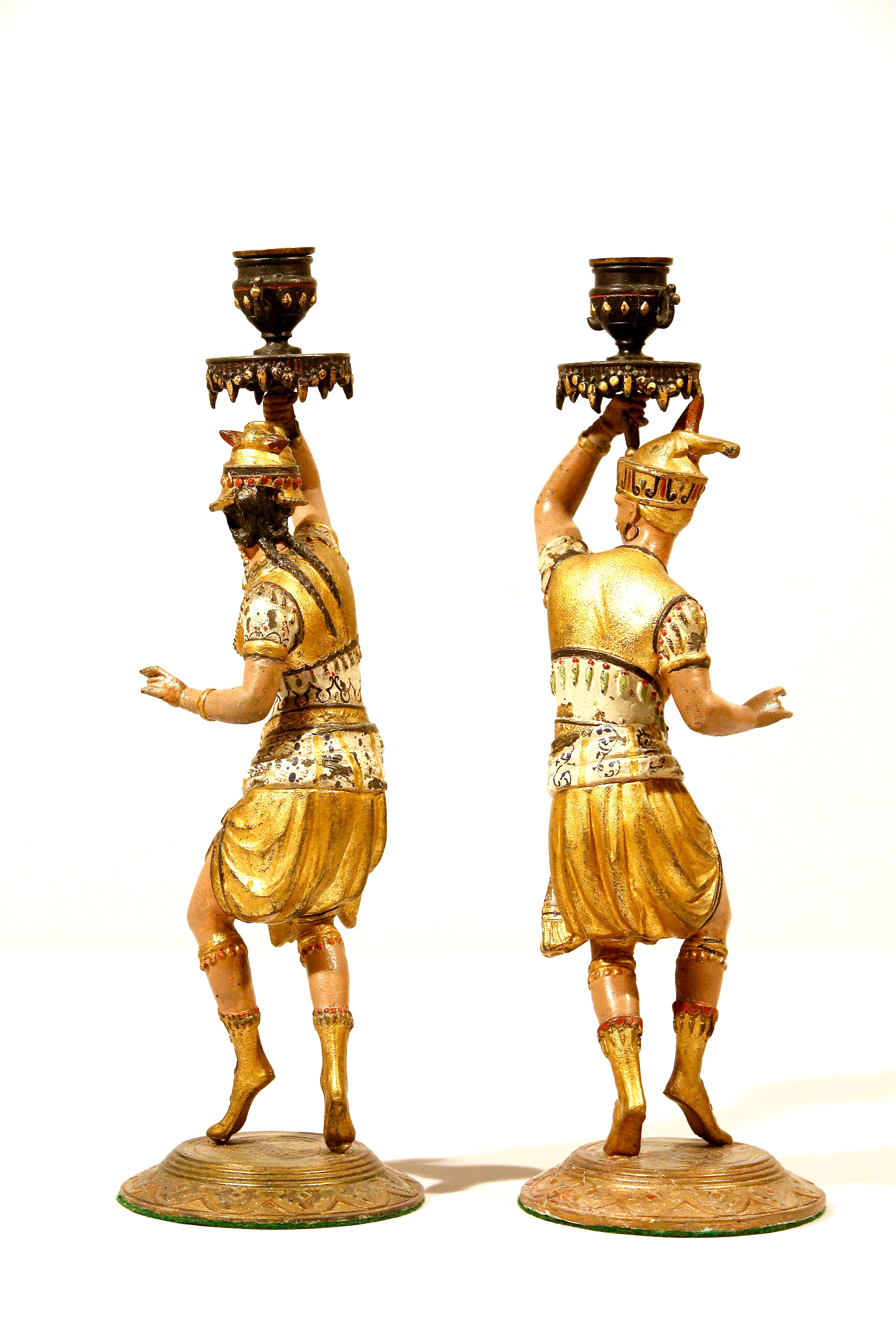 Egyptian Revival Candlesticks Pair French Cold Painted Spelter 