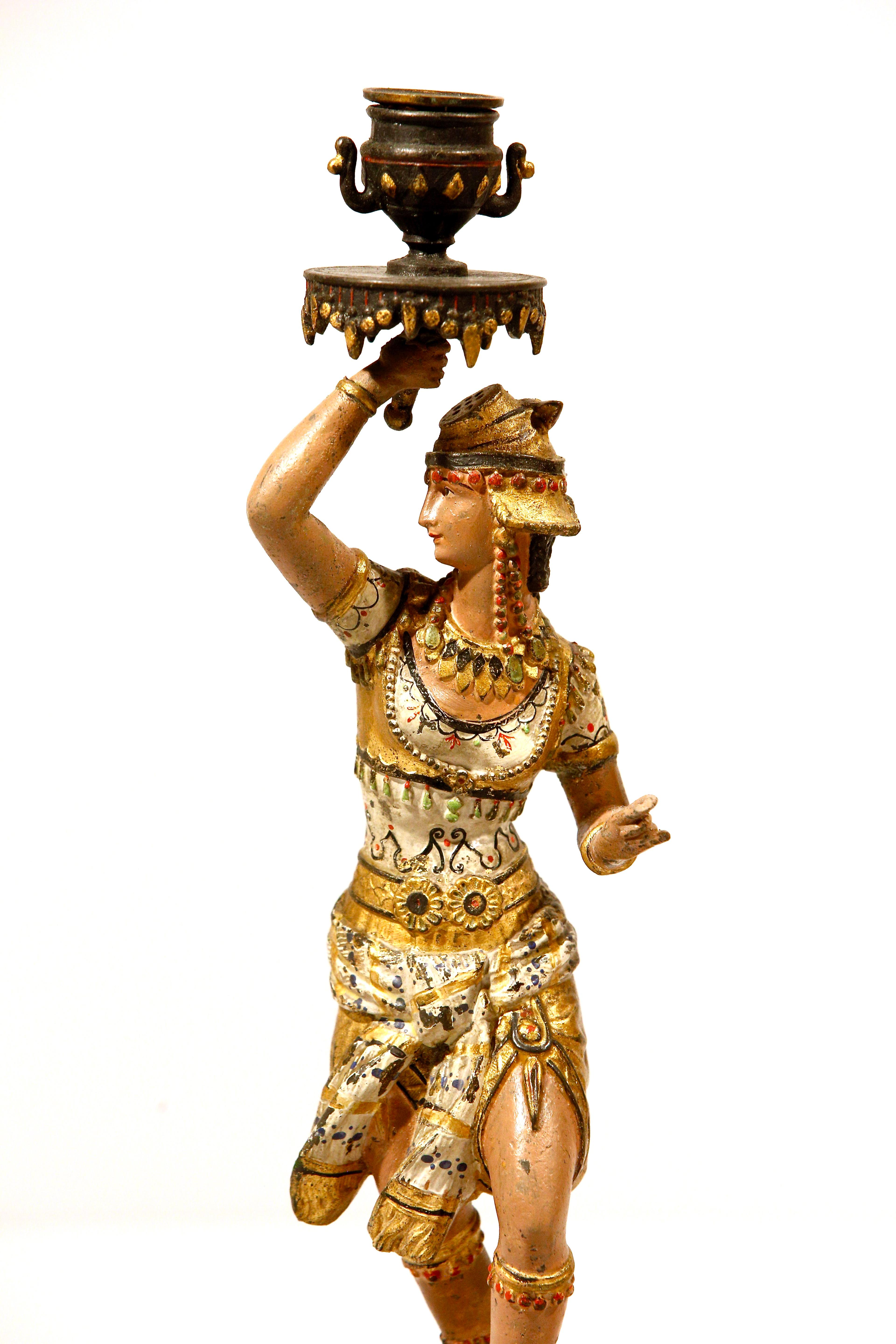 Candlesticks Pair French Cold Painted Spelter In Good Condition In Cheltenham, GB