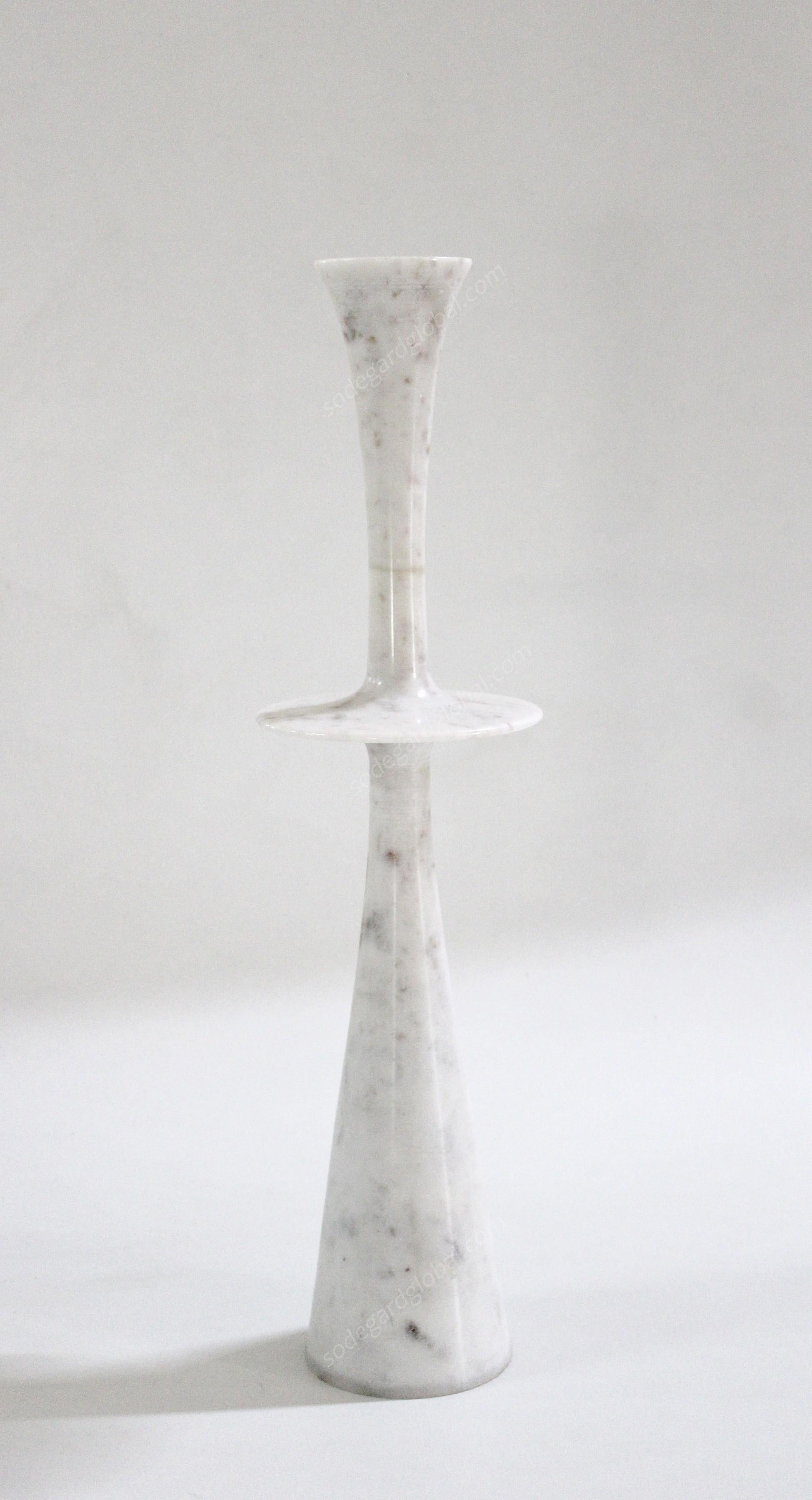 Indian Candlesticks Plate i in White Marble Handcrafted in India By Paul Mathieu For Sale