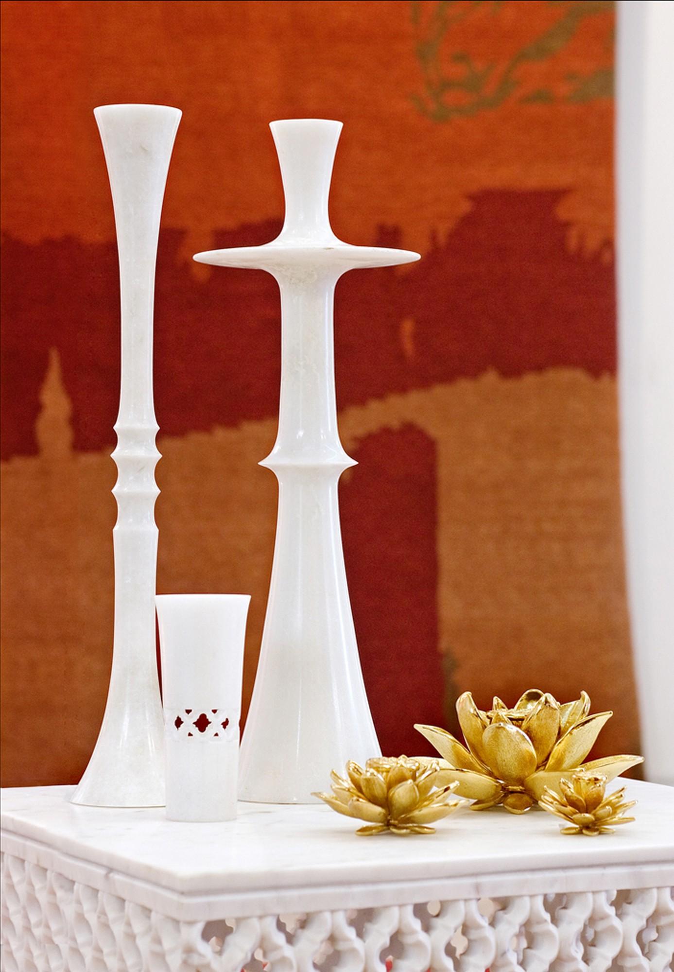 Carved White candle holder, set of four marble white candlestick holder by P. Mathieu For Sale
