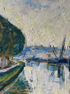 Paisaje impresionista de ciudad ribereña francesa