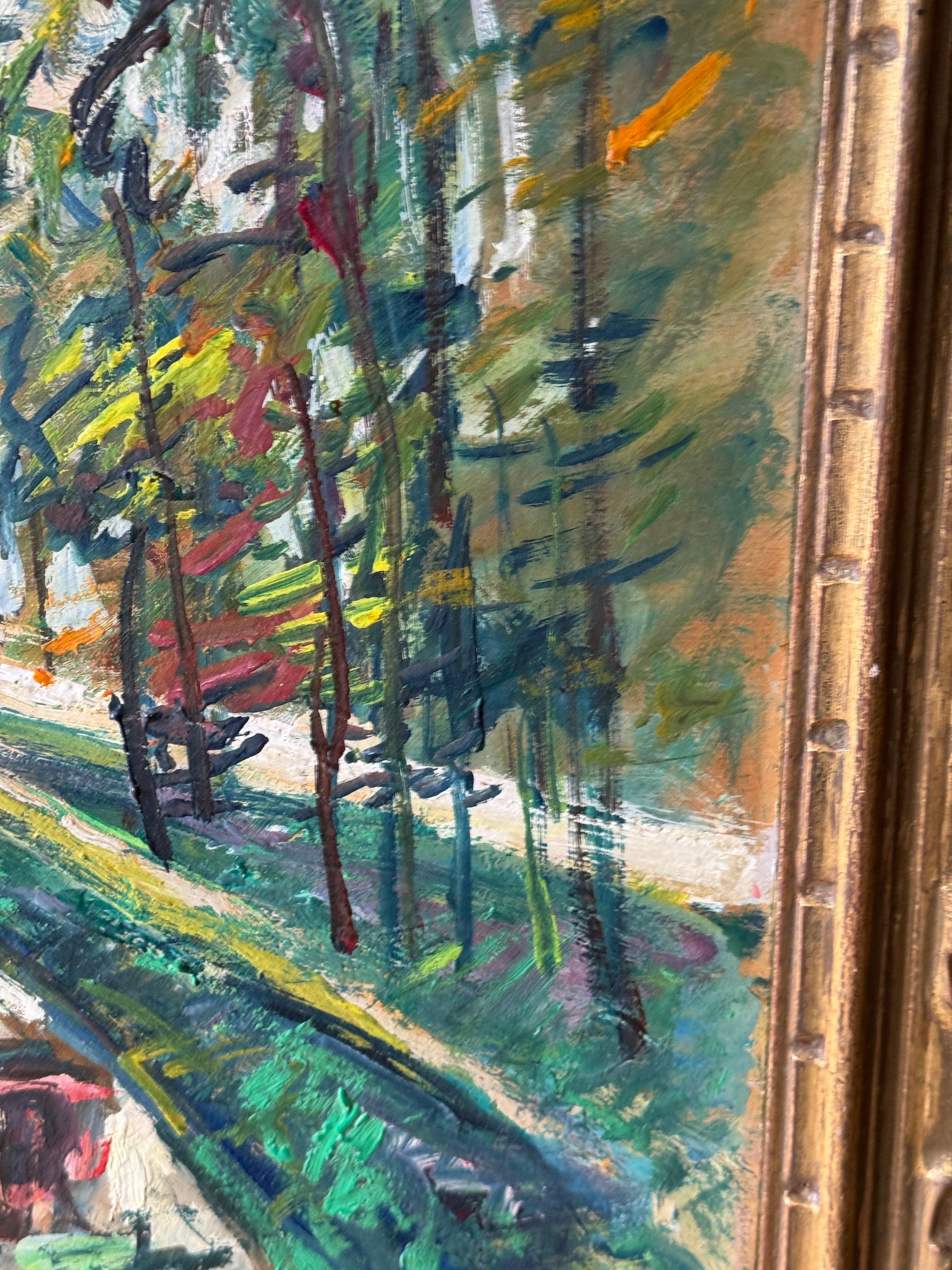 C. Andronis
Paysage de la rivière des Français, signé et daté 1959
Huile sur carton  Cadre français sculpté d'origine

Cette peinture lumineuse et expressive de C.I.C. capture l'esprit vibrant de l'impressionnisme français d'après-guerre, évoquant