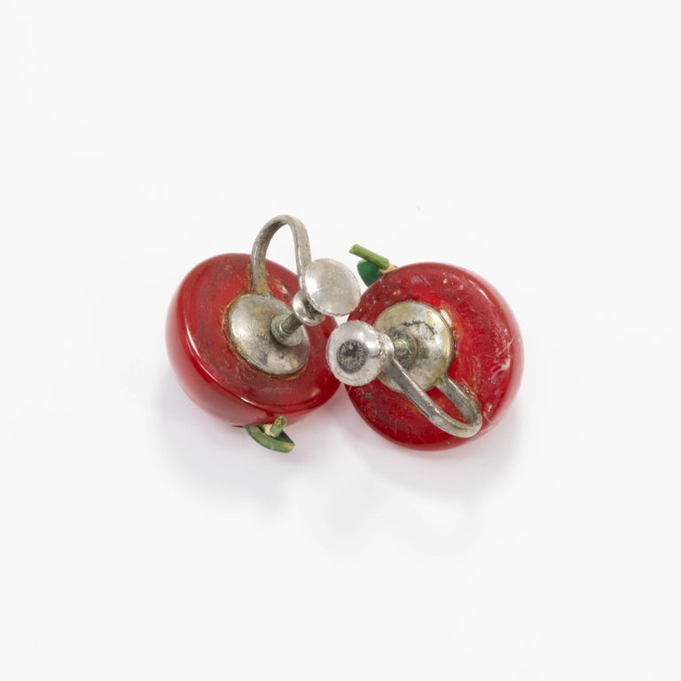 Candy Apple Red and Green Apple Button Earrings, Vintage Screw Back in