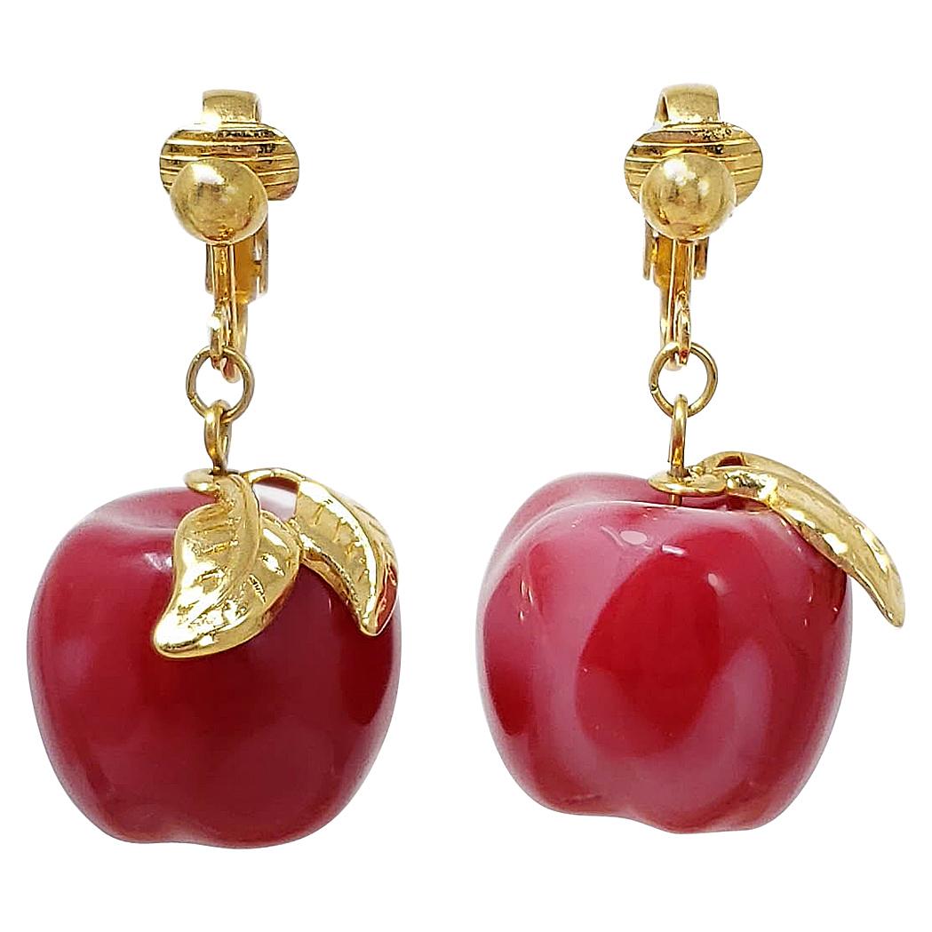 Candy Apple Red Bakelite Dangle Earrings, Gold Clip On, Mid 1900s