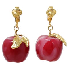 Vintage Candy Apple Red Bakelite Dangle Earrings, Gold Clip On, Mid 1900s