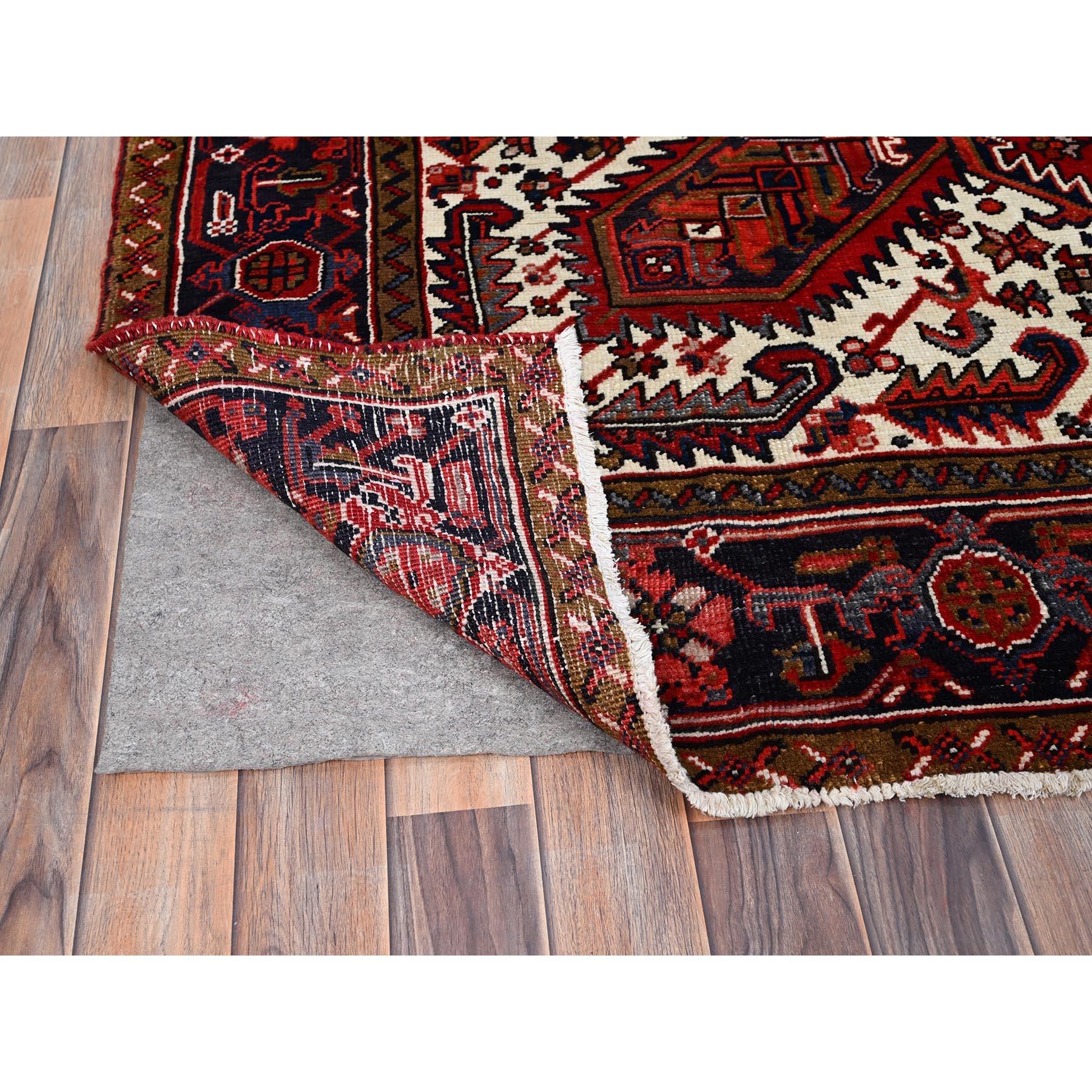 Candy Apple Red Vintage Evenly Worn Persian Heriz Natural Wool Hand Knotted Rug For Sale 4