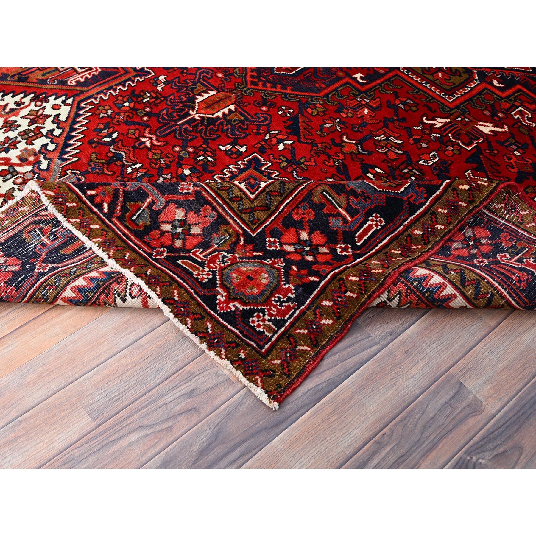 Candy Apple Red Vintage Evenly Worn Persian Heriz Natural Wool Hand Knotted Rug For Sale 6