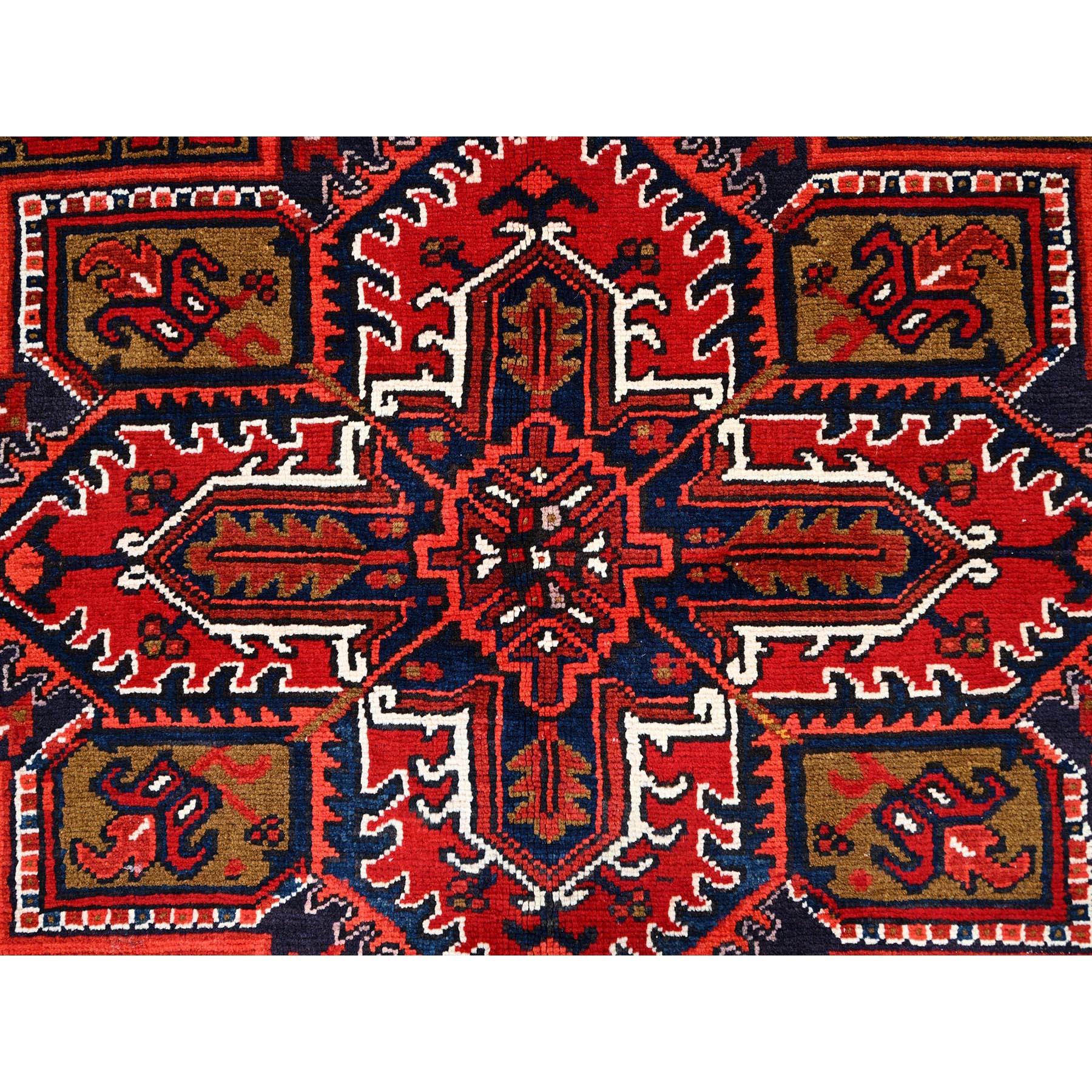 Medieval Candy Apple Red Vintage Evenly Worn Persian Heriz Natural Wool Hand Knotted Rug For Sale