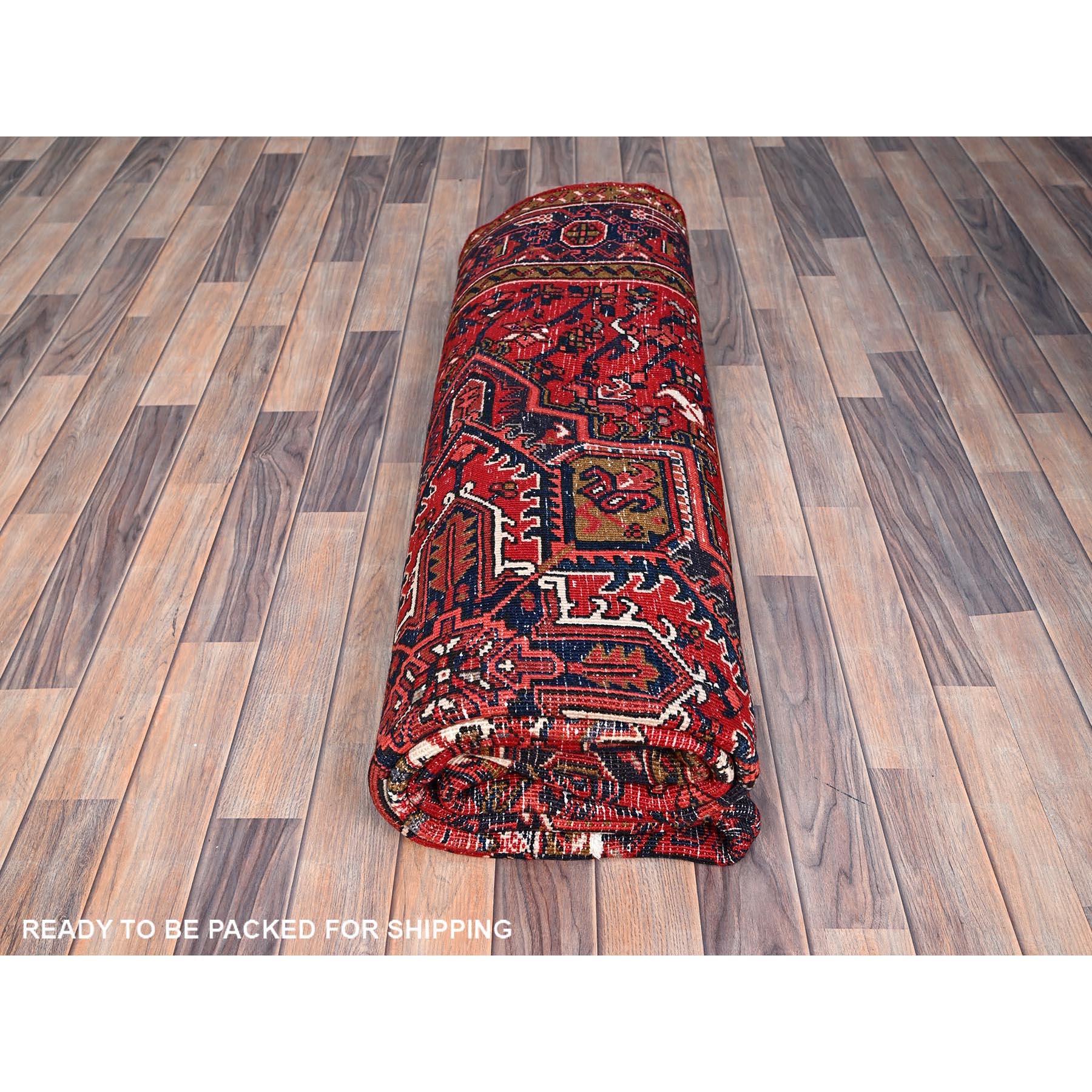 Hand-Knotted Candy Apple Red Vintage Evenly Worn Persian Heriz Natural Wool Hand Knotted Rug For Sale