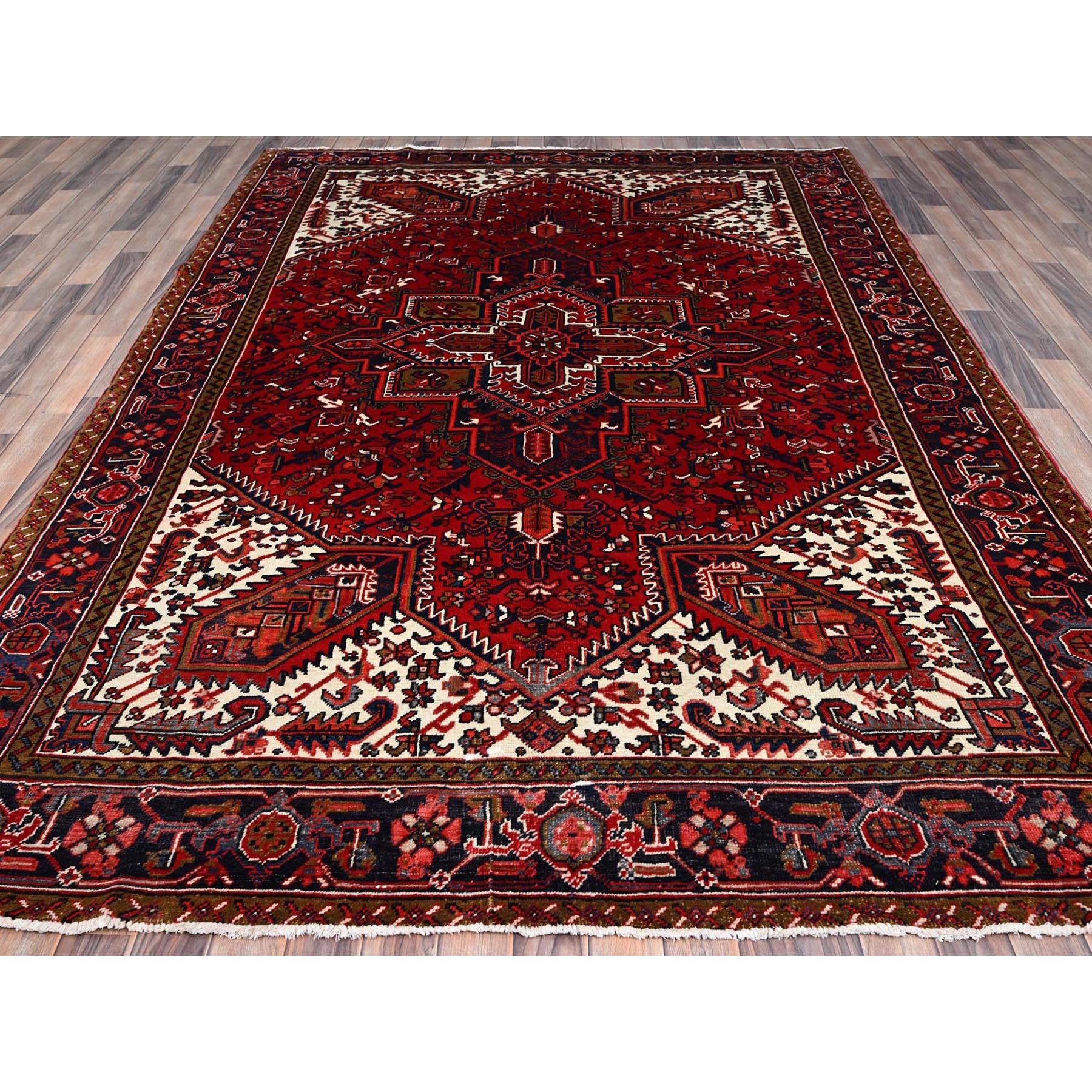 Candy Apple Red Vintage Evenly Worn Persian Heriz Natural Wool Hand Knotted Rug For Sale 2