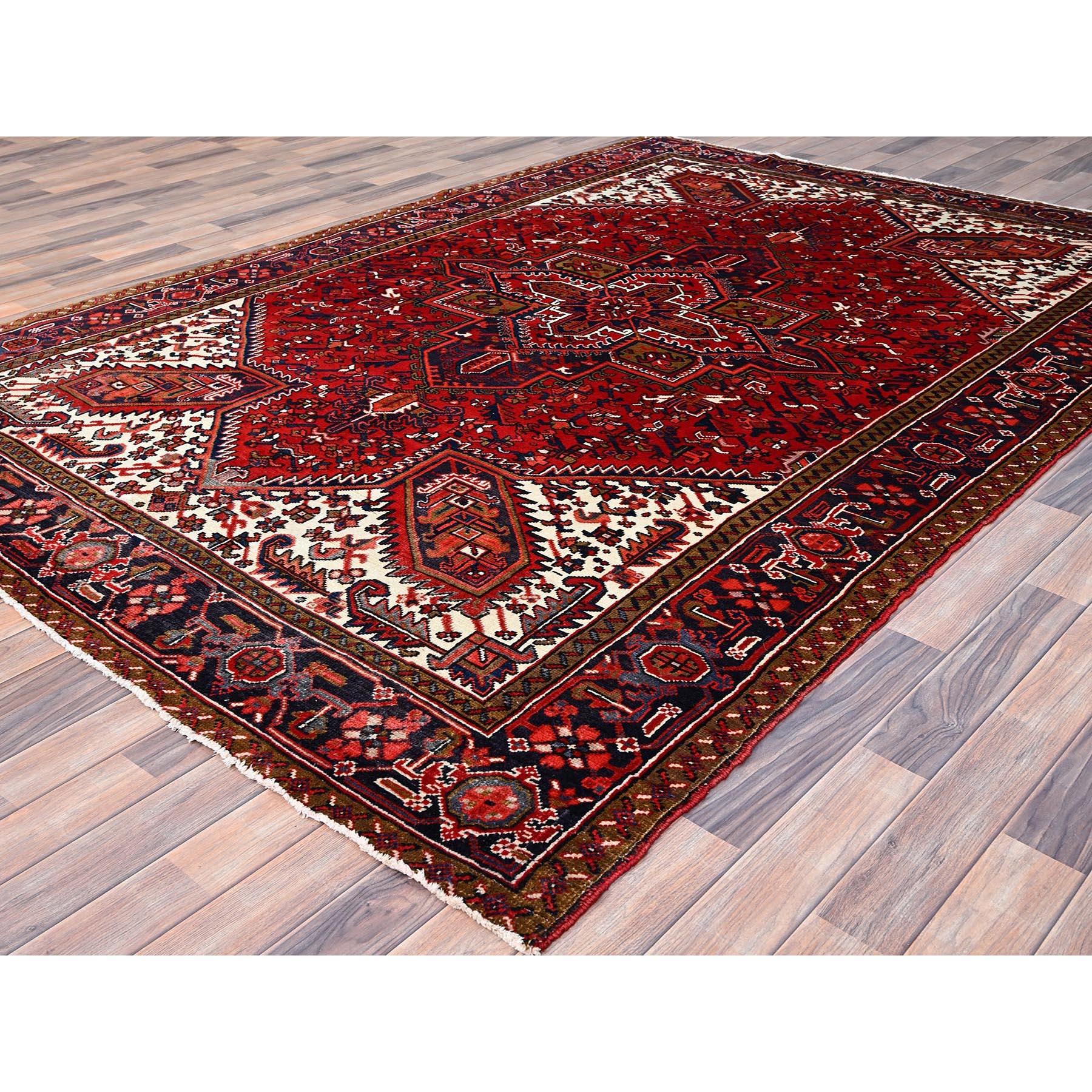 Candy Apple Red Vintage Evenly Worn Persian Heriz Natural Wool Hand Knotted Rug For Sale 3