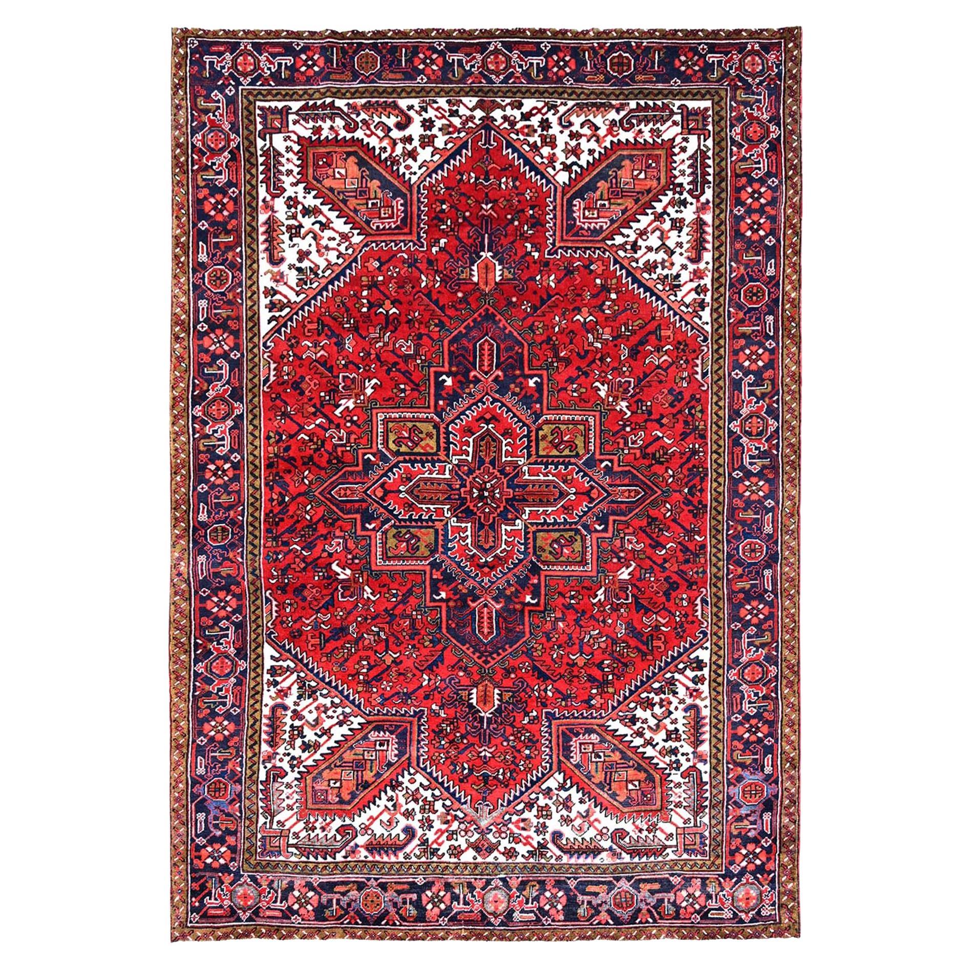 Candy Apple Red Vintage Evenly Worn Persian Heriz Natural Wool Hand Knotted Rug For Sale