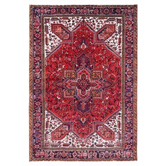 Candy Apple Red Vintage Evenly Worn Persian Heriz Natural Wool Hand Knotted Rug