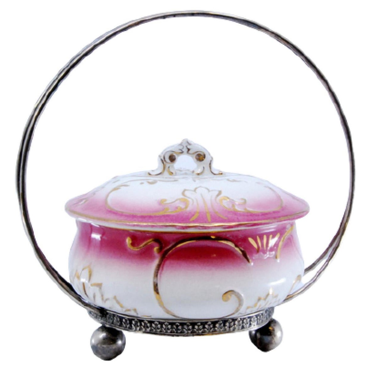 Candy box w/ silver structure 
porcelain tank, resting on three spherical feet For Sale
