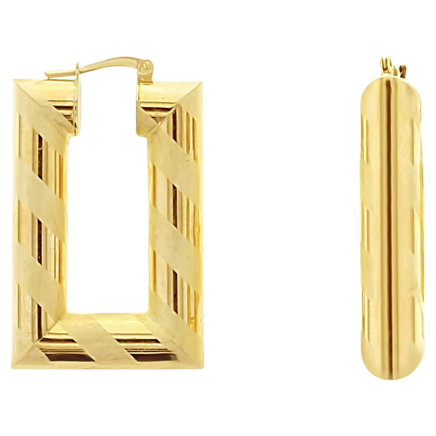 Candy Cane Striped Rectangular Polished Satin Hoop Earrings 14k Yellow Gold For Sale