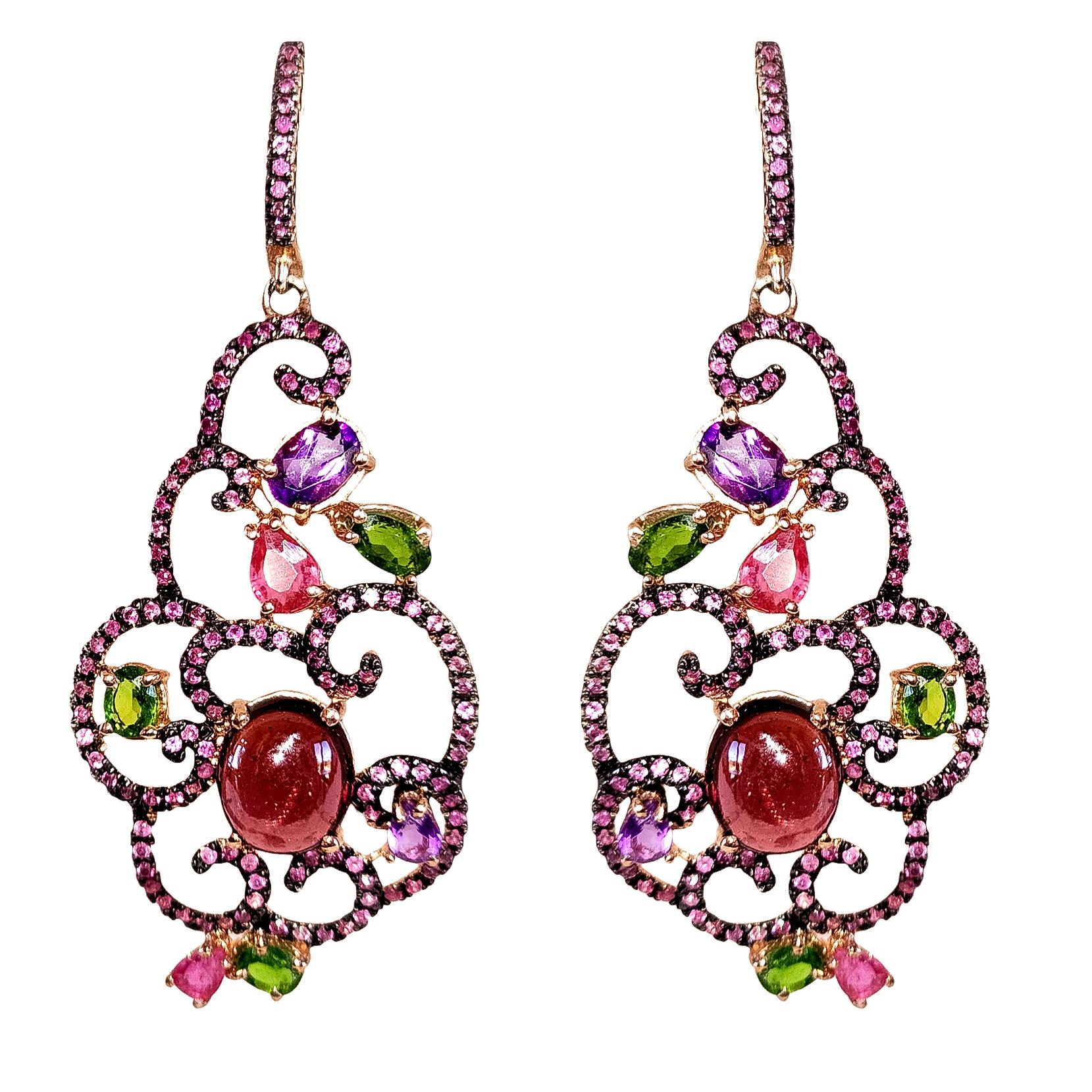 One pair of Post and Lever Back Drop Earrings featuring a Deliciously Sweet Confectionery of Colored Gemstones. These festive Earrings are an appropriate accent for four season wear.  Semi Hoops and Large dangles of brilliant swirls of color feature